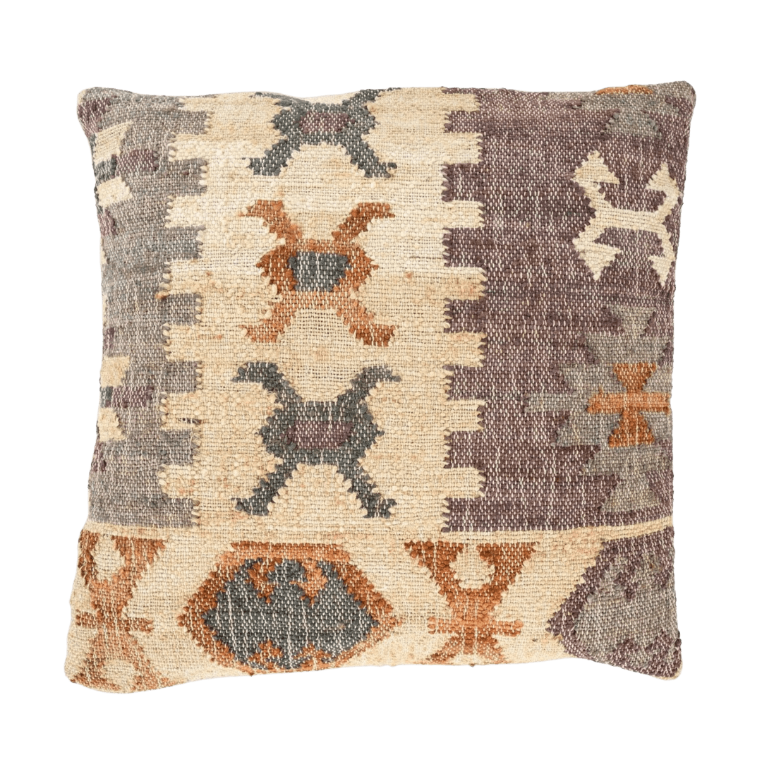 Coussin kilim tissé jute et coton, motifs géométriques beige, brun et orange