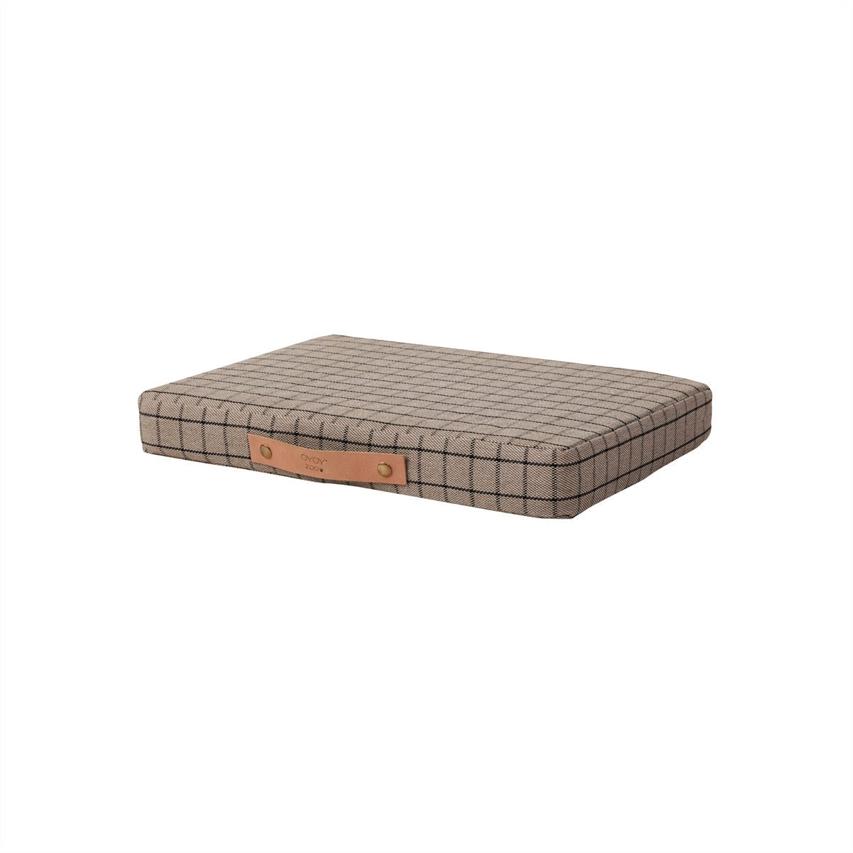 Petit coussin pour chien à carreaux, housse beige et sangle en cuir marron