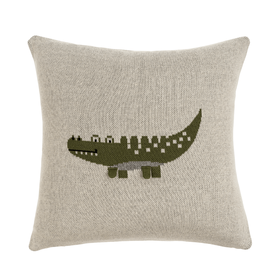 Housse de coussin en coton beige, crocodile vert brodé