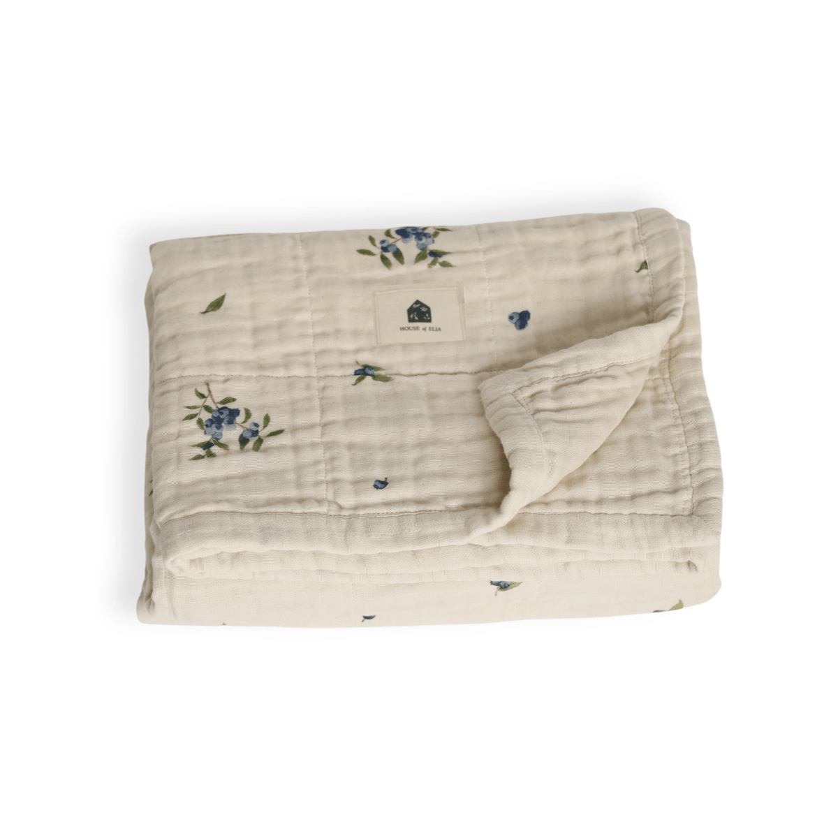 Couverture bébé en mousseline 4 couches blanche, motifs fleuris bleu/vert, bord roulé