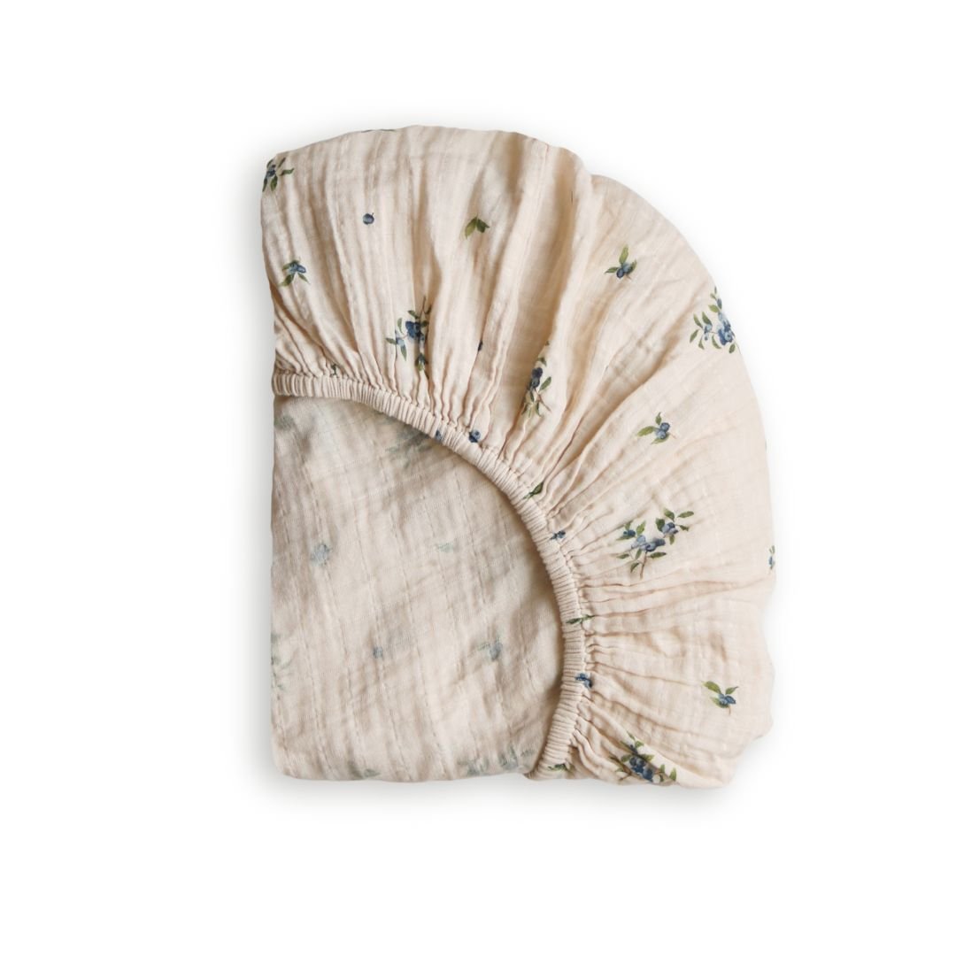 Drap contour de bassinette en mousseline écrue, élastique, motif fleuri bleu et vert