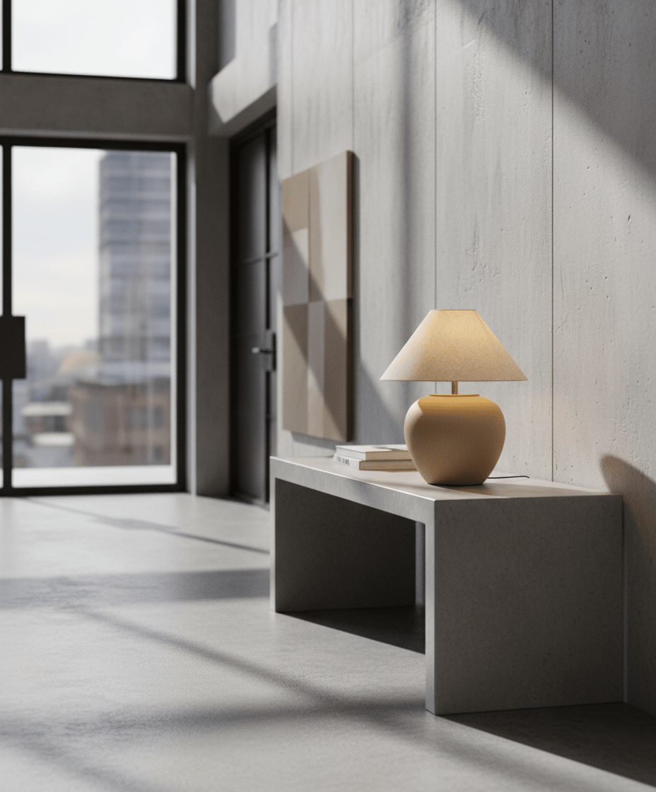 Lampe de table Earthen Vessel en travertin naturel  avec LED intégrée sur bureau gris