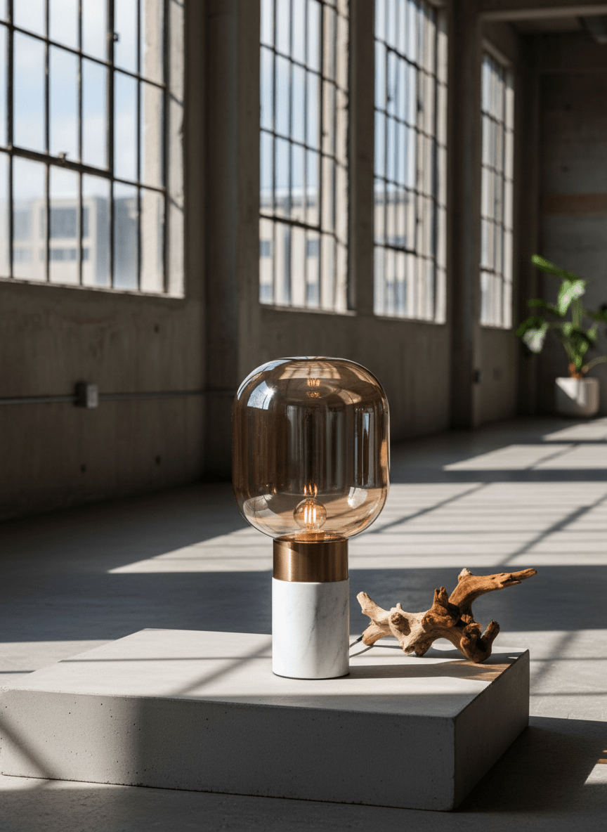 Elysian Modern Table Lamp | Acrylic Marble Effect Base | Amber Glass Shade