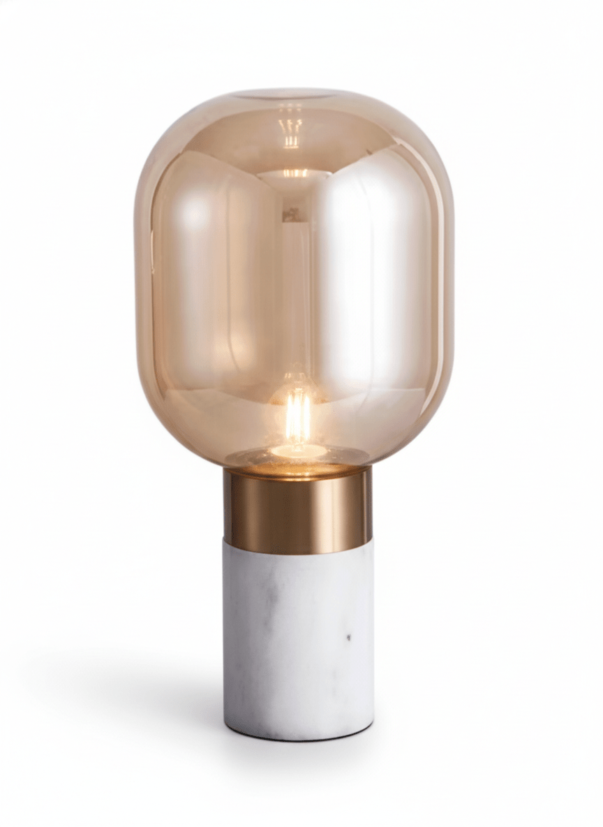 Lampe de table moderne Elysian | Base effet marbre acrylique | Abat-jour verre ambré