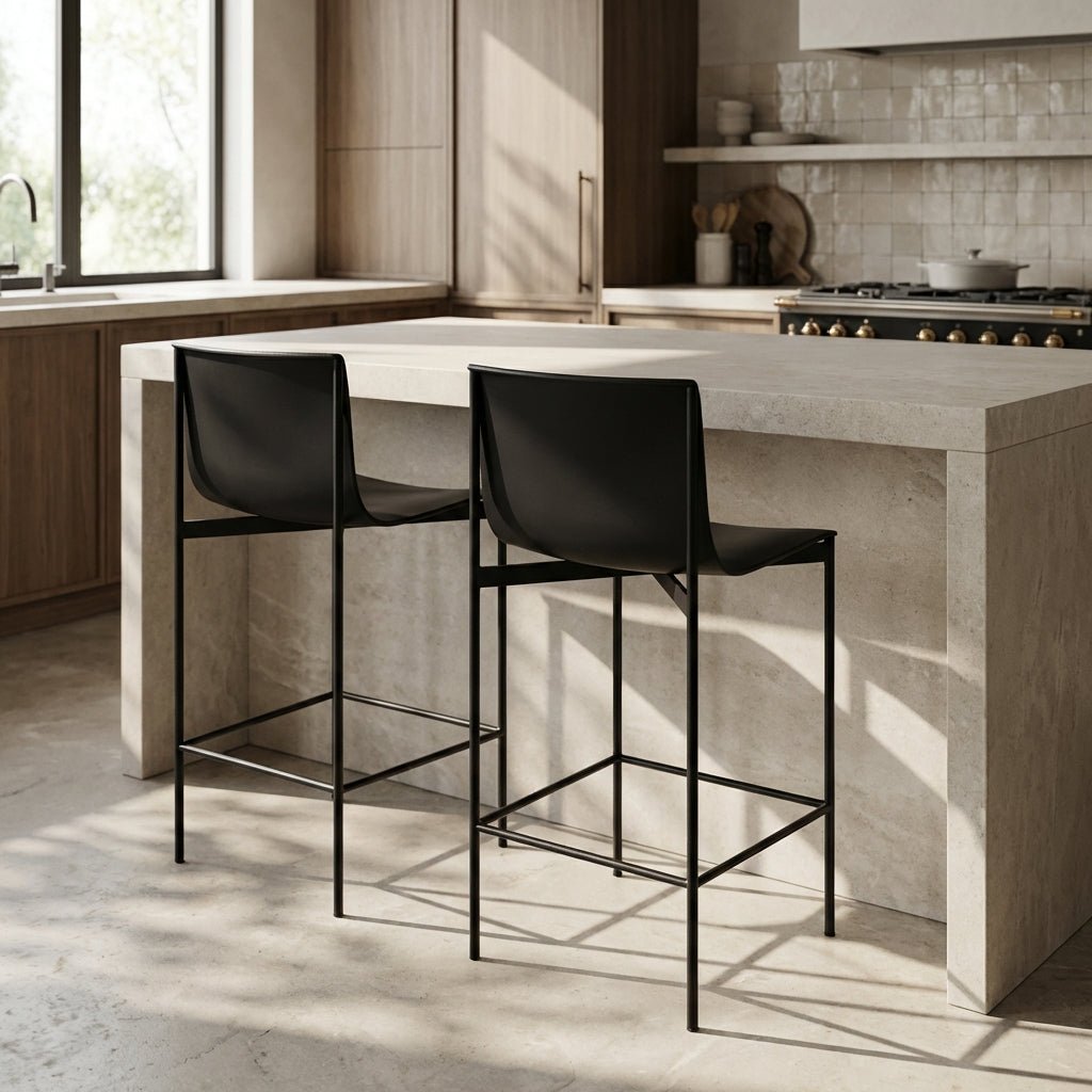 Ensemble de 2 tabourets de bar à dossier haut en cuir noir, base métal et repose-pieds