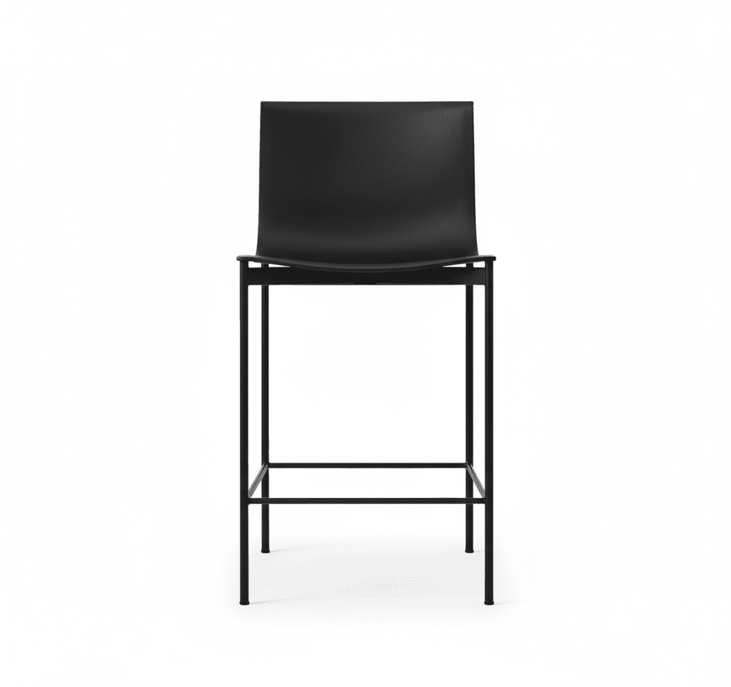 Tabouret de bar à dossier haut en cuir noir, vue de dos, cadre métal rectangulaire