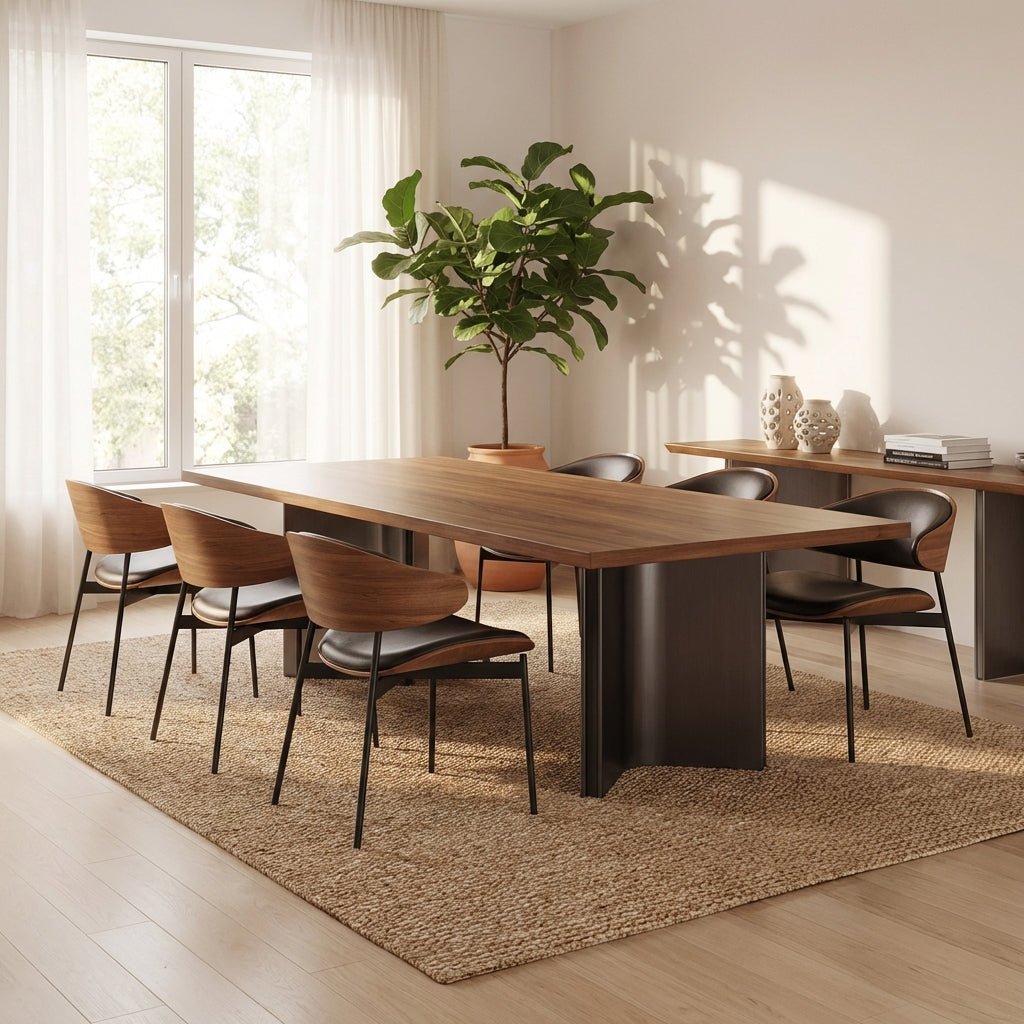 Ensemble de salle à manger Aero Curve en noyer et cuir | Table & 6 chaises | Design moderne et sculptural - Les Trouvailles de Justinedining setAltera