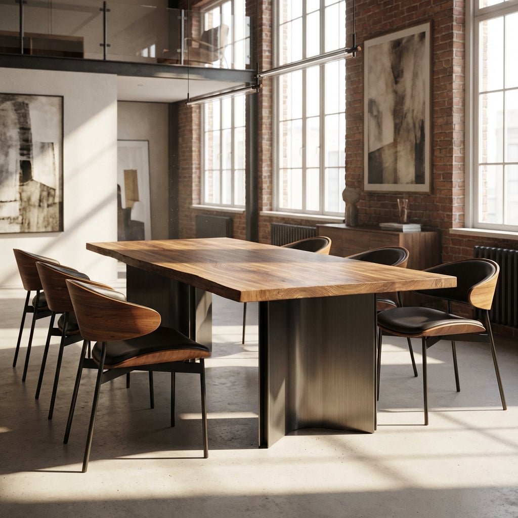 Ensemble de salle à manger Aero Curve en noyer et cuir | Table & 6 chaises | Design moderne et sculptural - Les Trouvailles de Justinedining setAltera