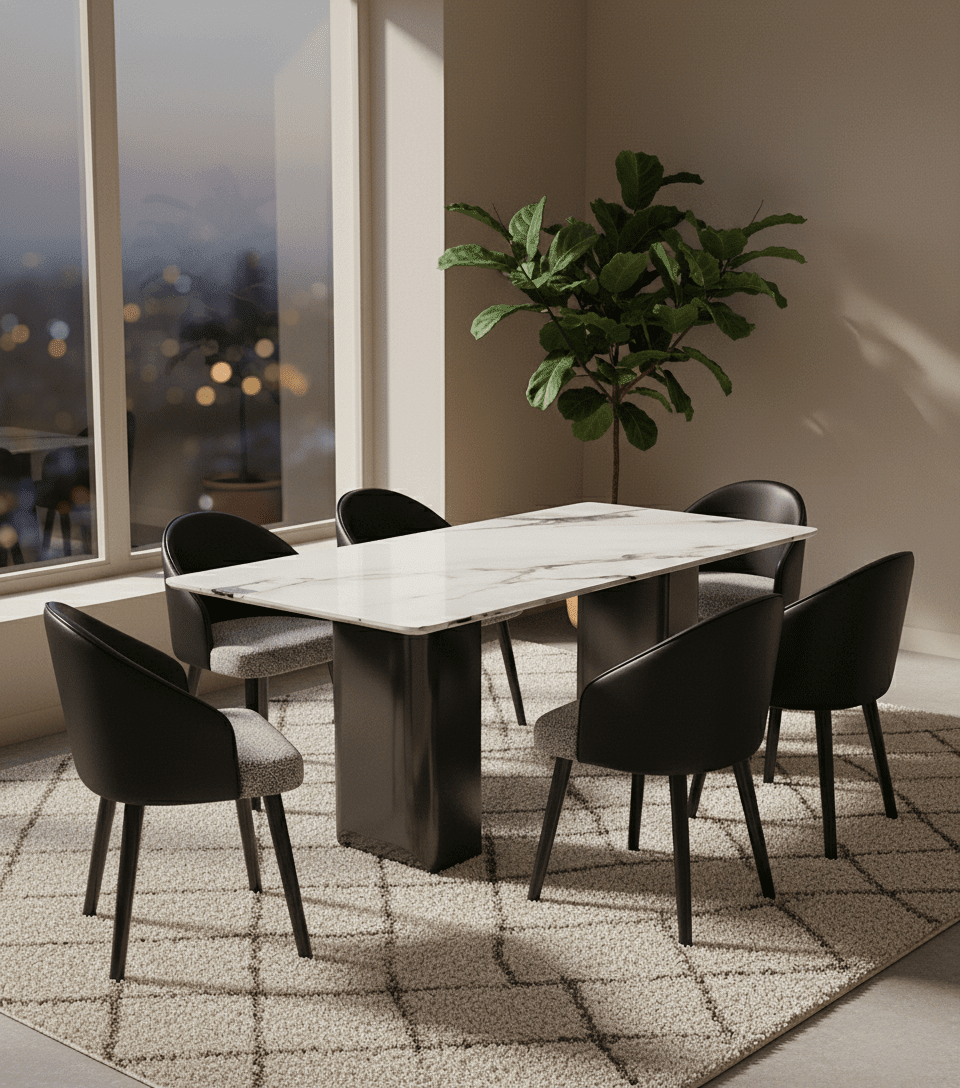 Ensemble de salle à manger Arcadia avec table en pierre effet marbre et chaises en cuir végan devant une fenêtre