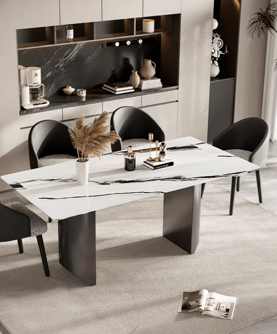Ensemble de salle à manger Arcadia avec table en pierre effet marbre et chaises en cuir végan, design moderne