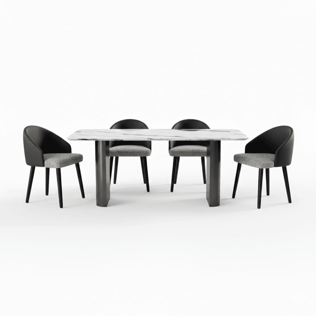 Ensemble de salle à manger Arcadia avec table en pierre effet marbre et chaises en cuir végan sur fond blanc