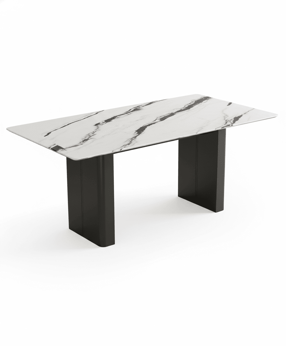 Ensemble de salle à manger Arcadia avec table en pierre effet marbre et chaises en cuir végan sur fond blanc