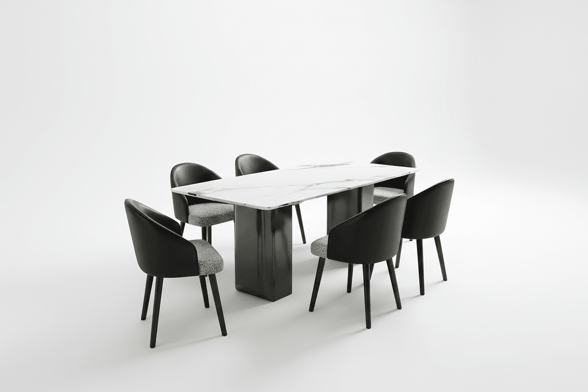 Ensemble de salle à manger Arcadia avec table en pierre effet marbre et chaises en cuir végan sur fond blanc
