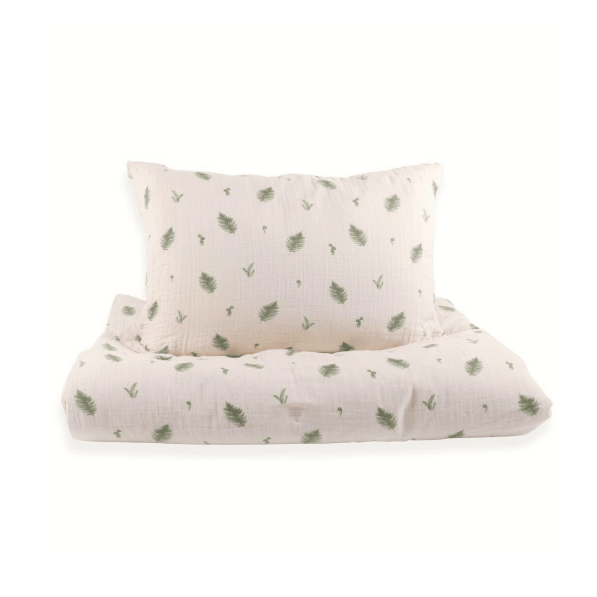 Ensemble housse de couette et taie, coton bio, fond clair à motifs feuilles vertes.