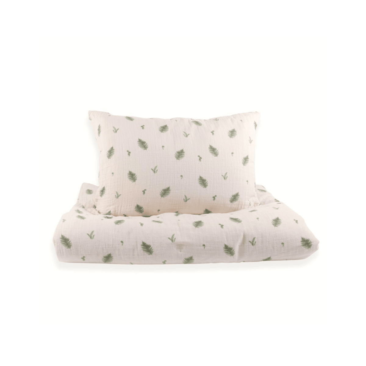 Ensemble housse de couette et taie, coton bio, fond clair à motifs feuilles vertes.
