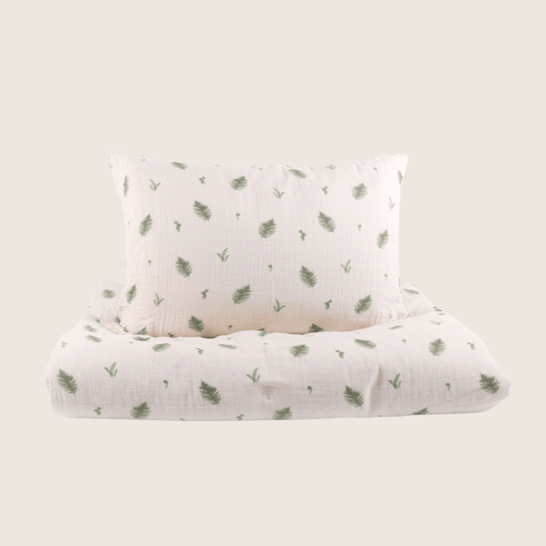 Ensemble housse de couette et taie d’oreiller en mousseline de coton biologique couleur Fern House of Elia