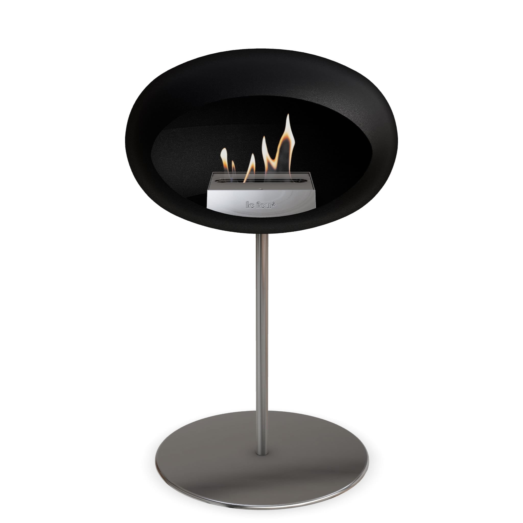 Foyer au bioéthanol à cuvette noire, flamme visible, pied et base ronds argentés