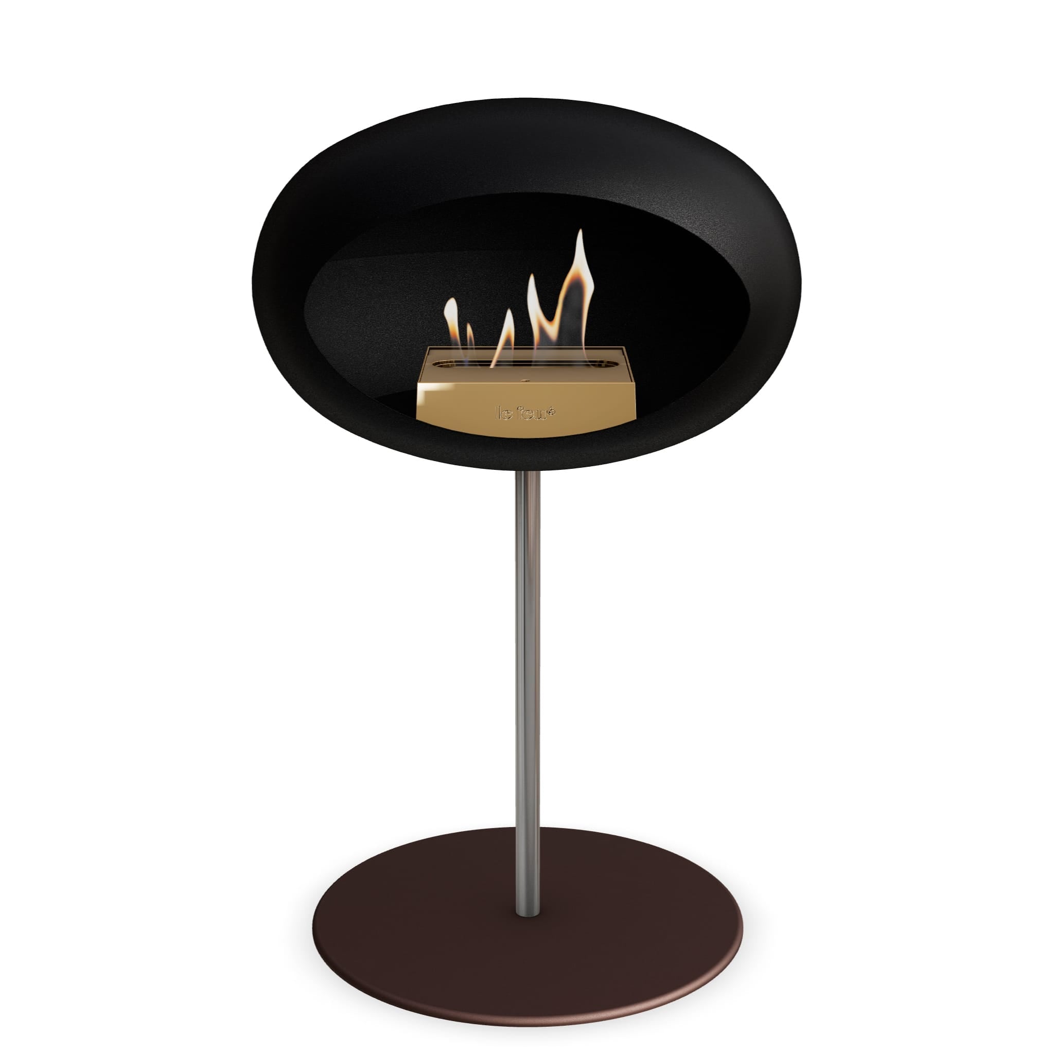 Foyer au bioéthanol à cuvette noire, flamme visible, pied argenté et base ronde moka