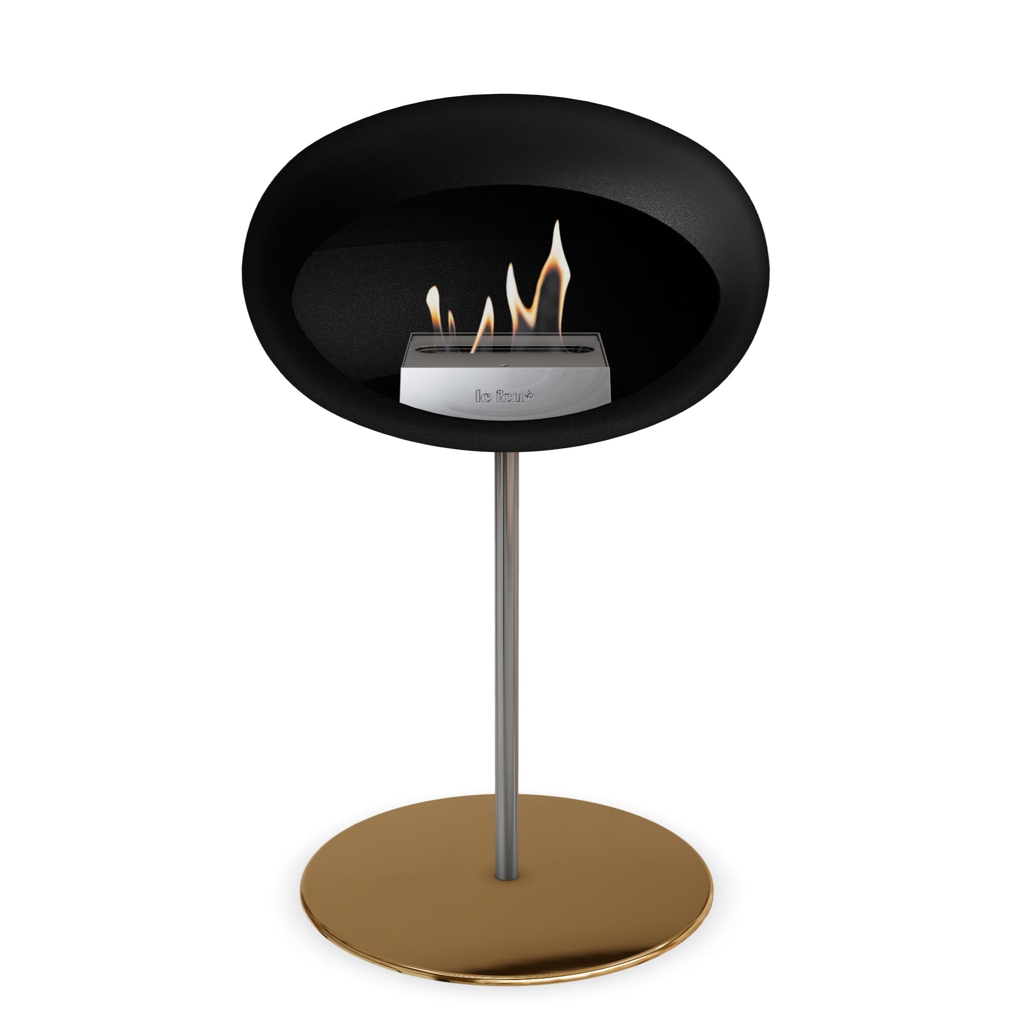 Foyer au bioéthanol à cuvette noire, flamme visible, pied doré et base ronde dorée
