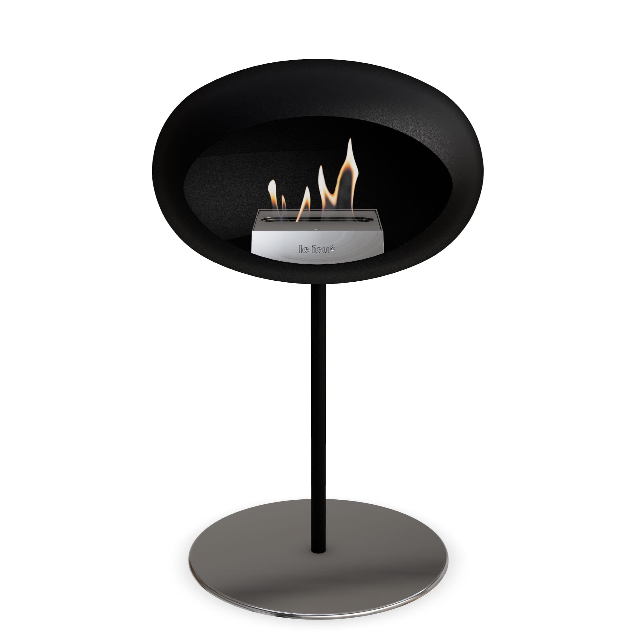 Foyer au bioéthanol sur pied noir, brûleur en flamme, base ronde grise