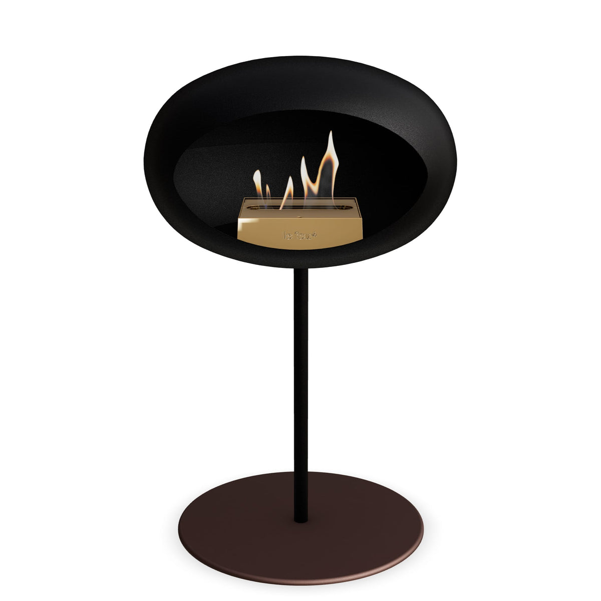 Foyer au bioéthanol sur pied noir, brûleur en flamme, base ronde moka