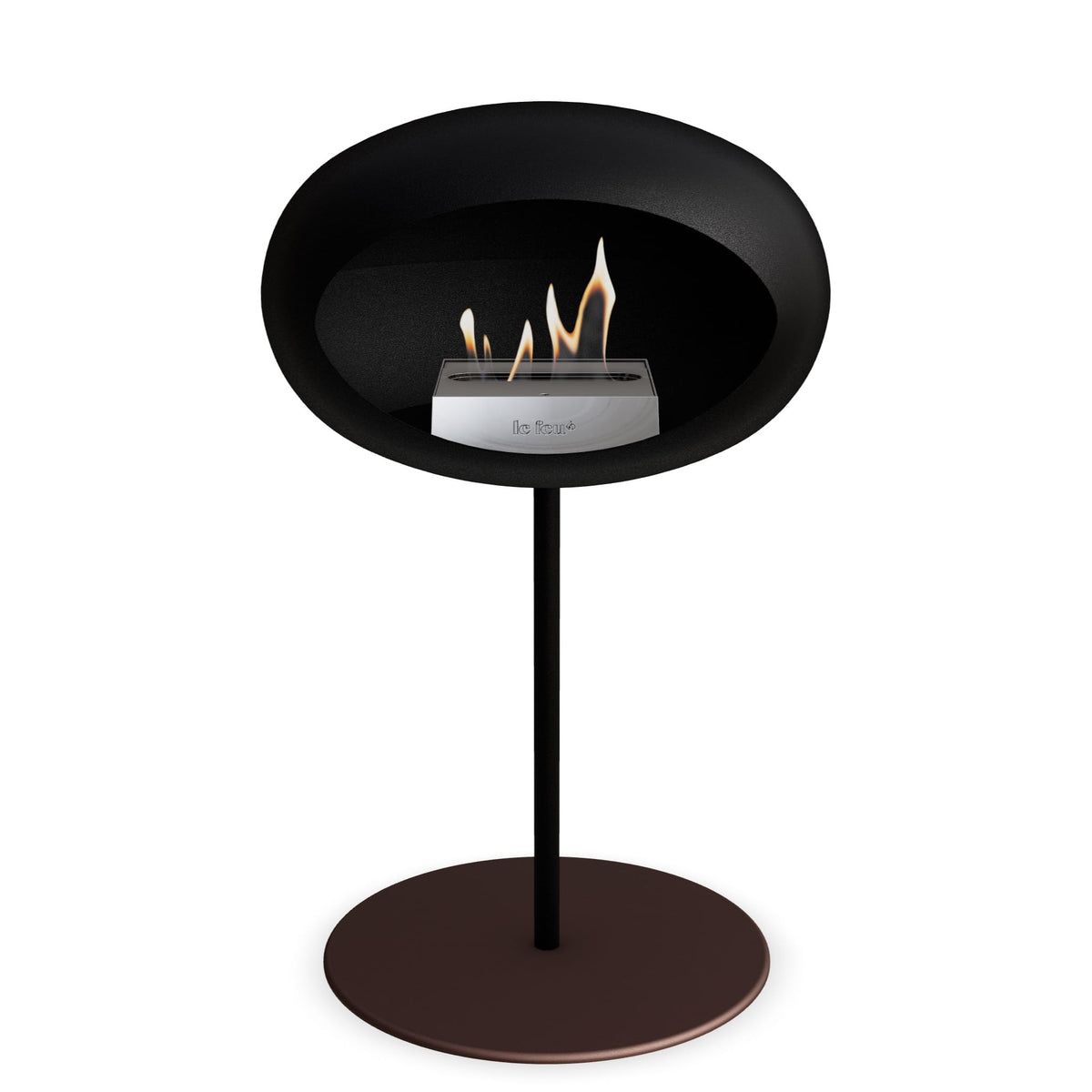 Foyer au bioéthanol à cuvette noire, flamme visible, pied noir et base ronde moka