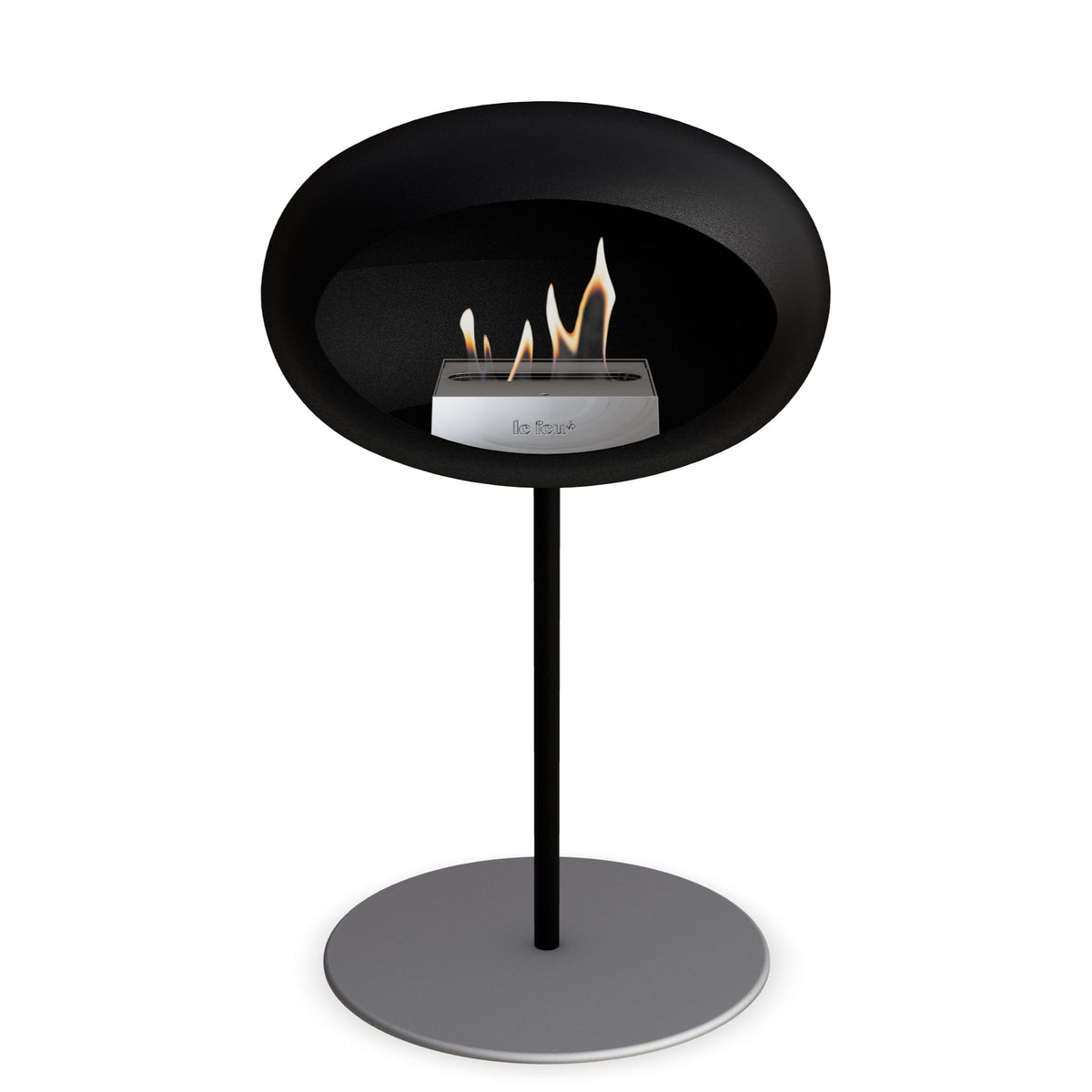 Foyer au bioéthanol sur pied noir, brûleur en flamme, base ronde grise