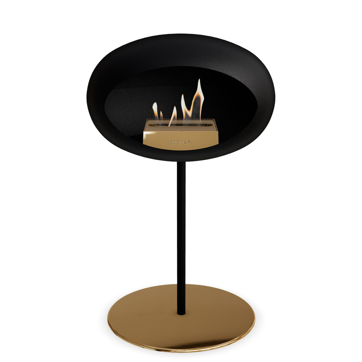 Foyer au bioéthanol sur pied noir, brûleur en flamme, base ronde dorée