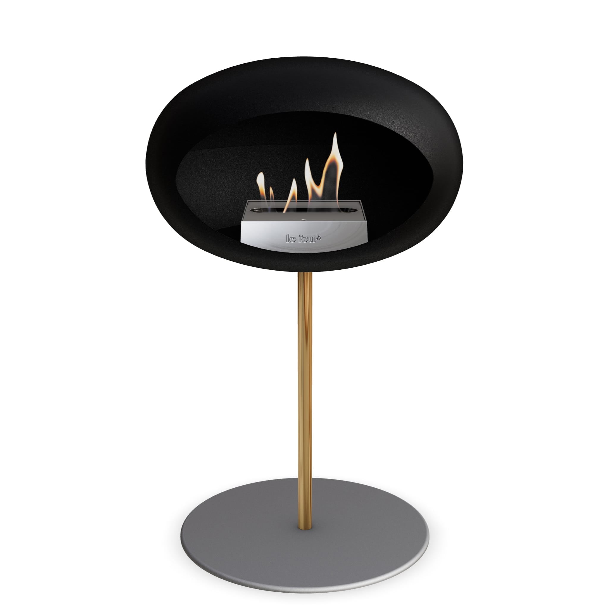 Foyer au bioéthanol sur pied : coupelle noire, flamme vive, brûleur en acier, base grise.