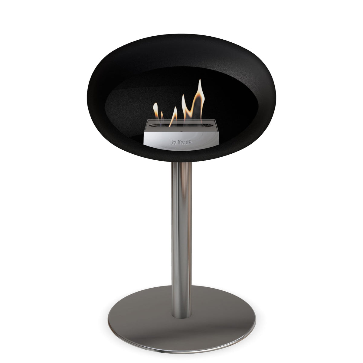 Brasero bioéthanol sur pied : tête noire, poteau acier poli, base ronde sombre, flamme