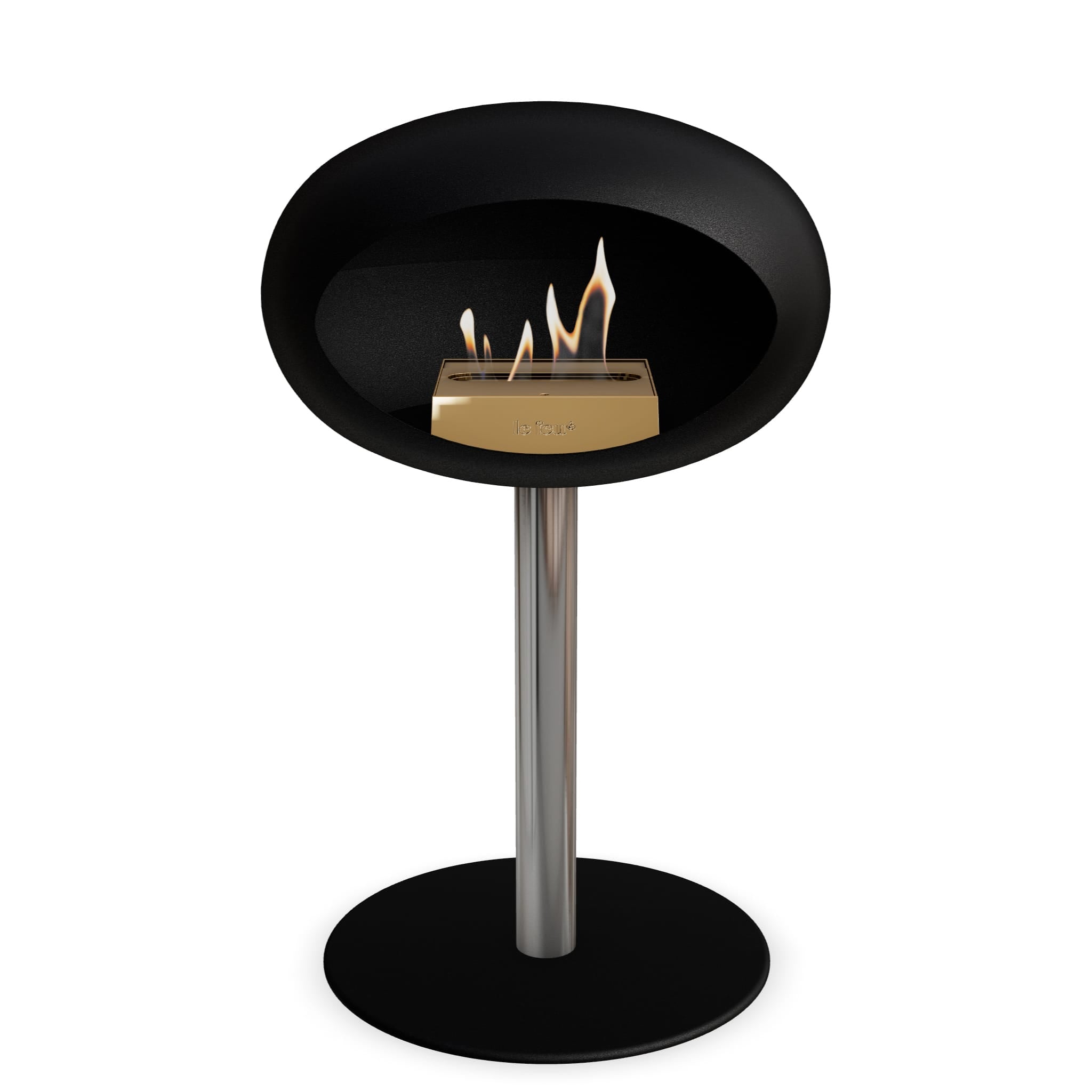 Brasero bioéthanol sur pied acier poli, base noire et cuvette ronde noire avec flamme.