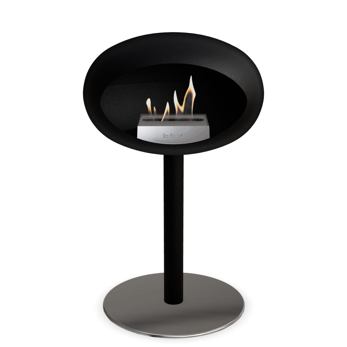 Brasero bioéthanol sur pied noir, grand bol noir en surplomb avec flamme visible.