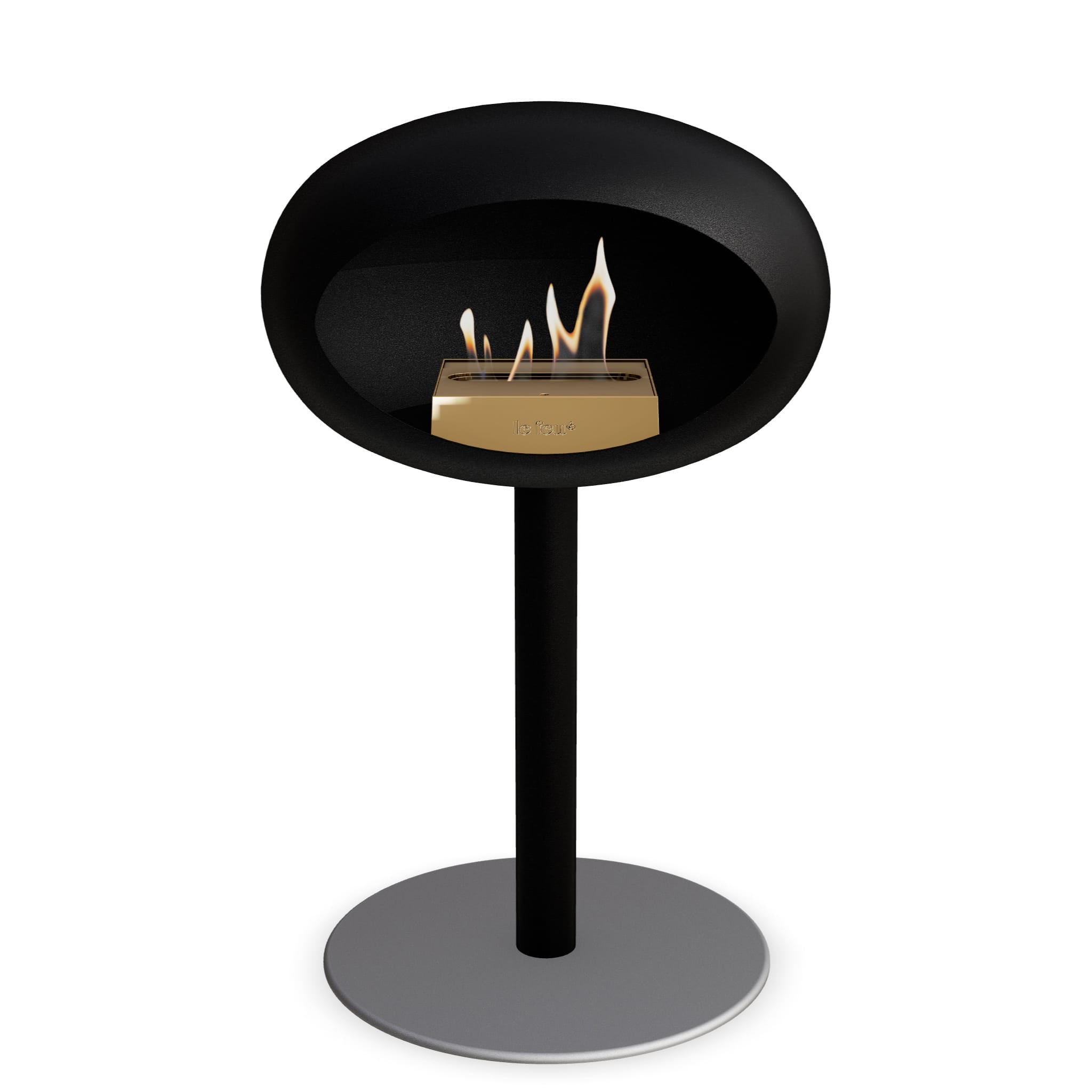 Brasero bioéthanol sur pied noir, cuvette ronde avec flamme visible et brûleur gris au centre.