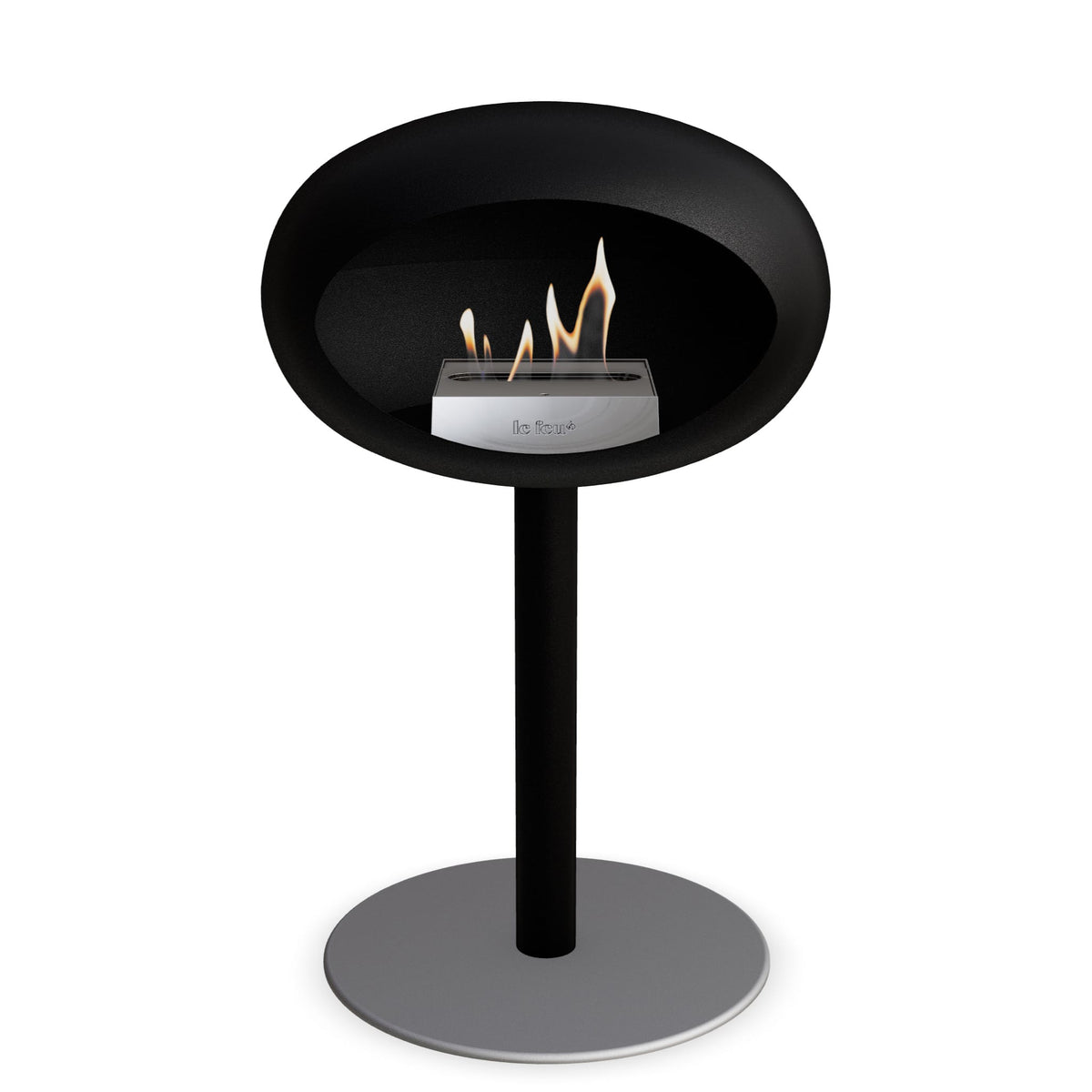 Foyer au bioéthanol sur pied, bol noir, tige noire, base grise, flamme visible