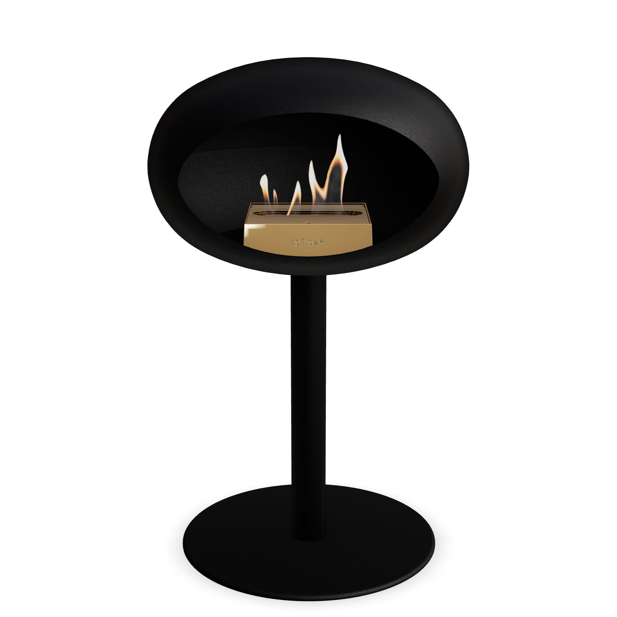 Foyer au bioéthanol sur pied, bol noir, tige noire, base noire, flamme visible