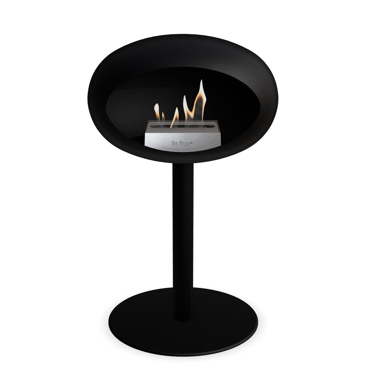 Foyer au bioéthanol sur pied, bol noir, tige noire, base noire, flamme visible