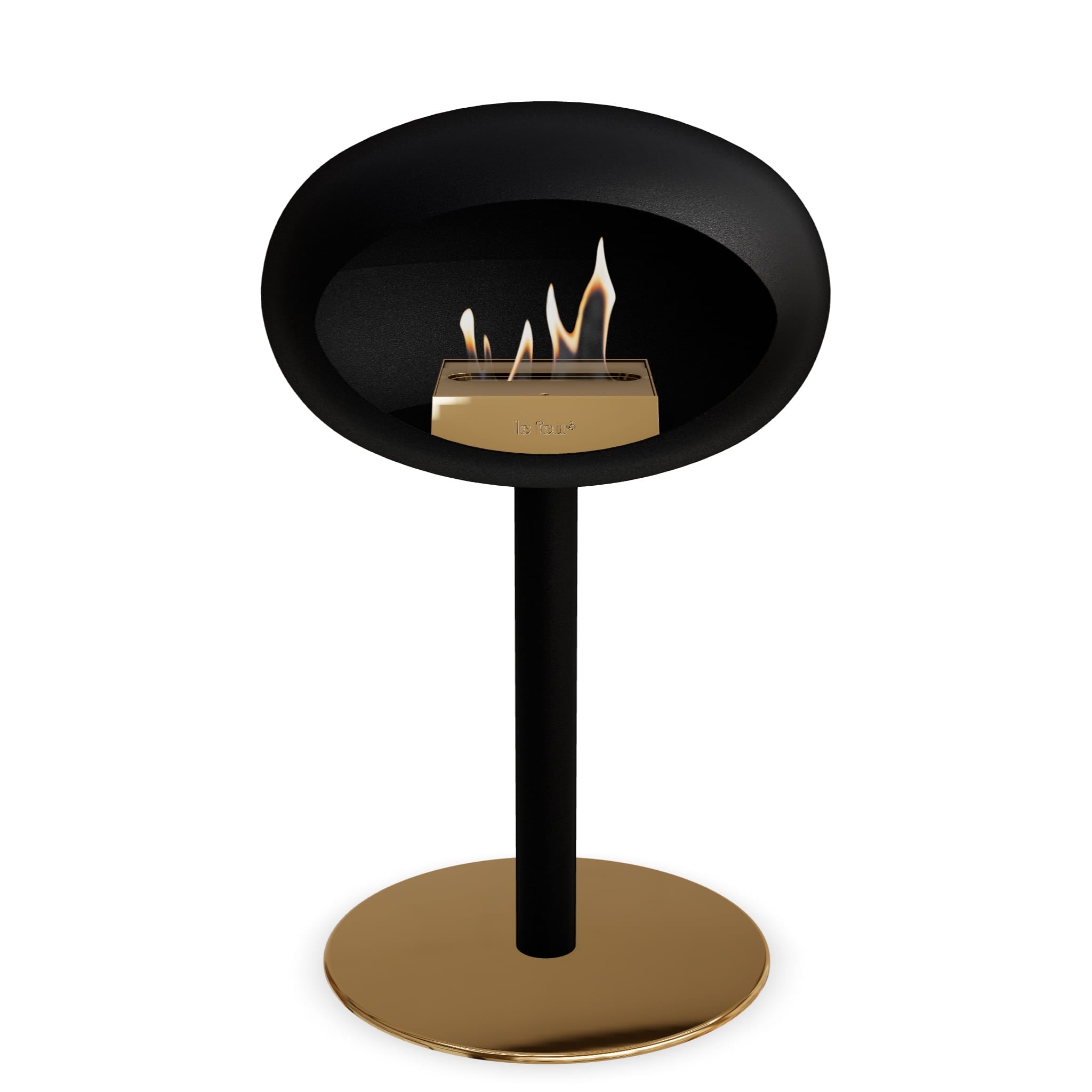 Brasero bioéthanol sur pied noir, base dorée avec cuvette noire et flamme visible.