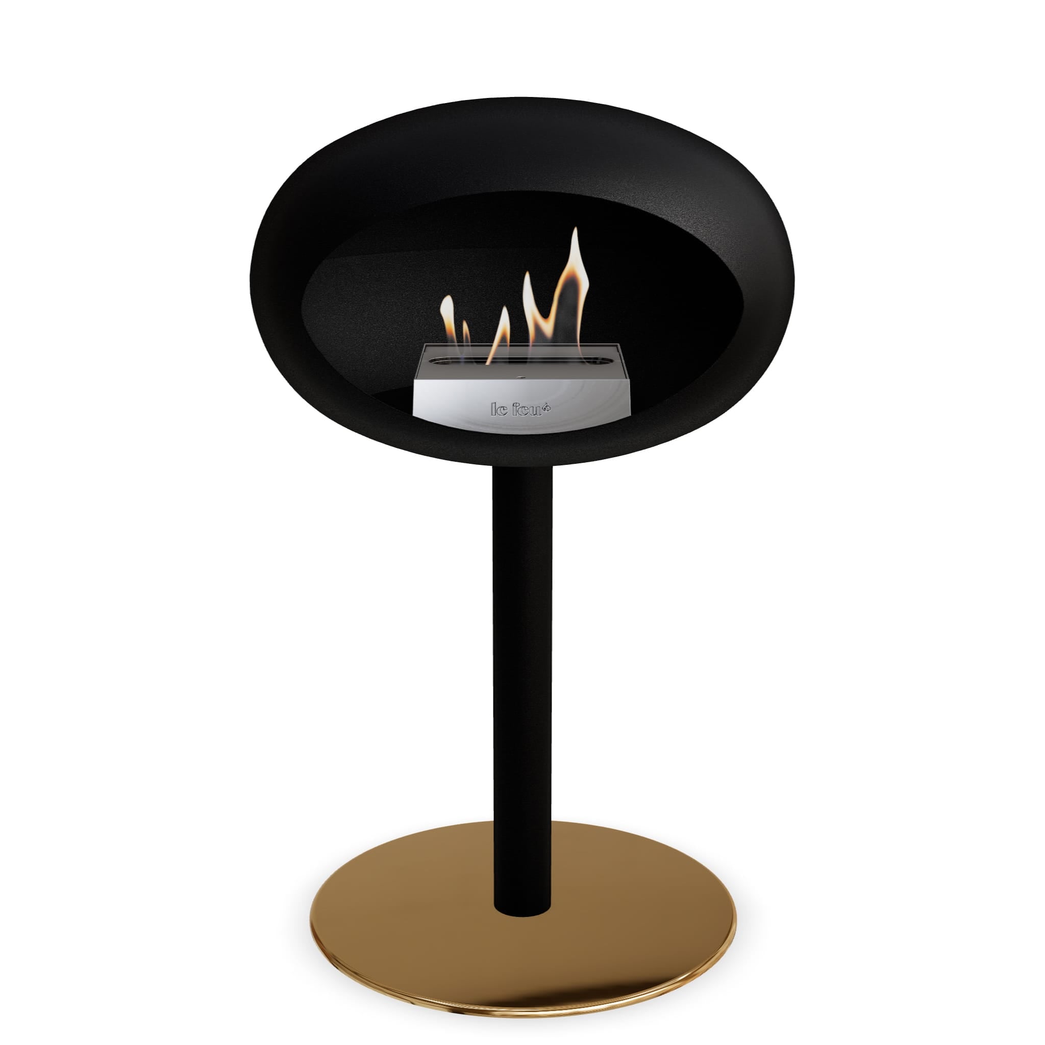 Brasero bioéthanol sur pied noir, base ronde dorée et cuvette noire avec flamme visible.