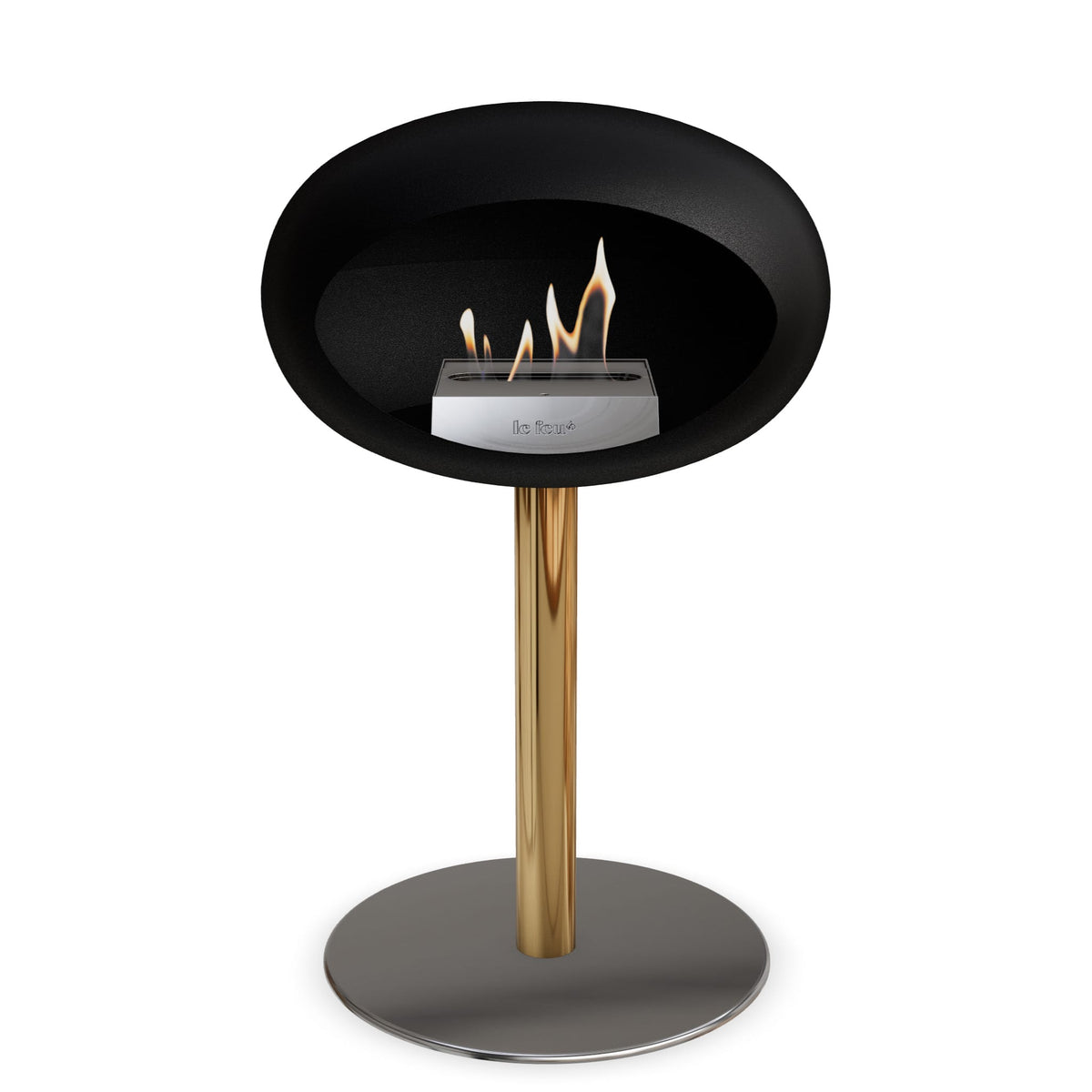 Foyer au bioéthanol noir : base ronde noir, brûleur avec flamme visible