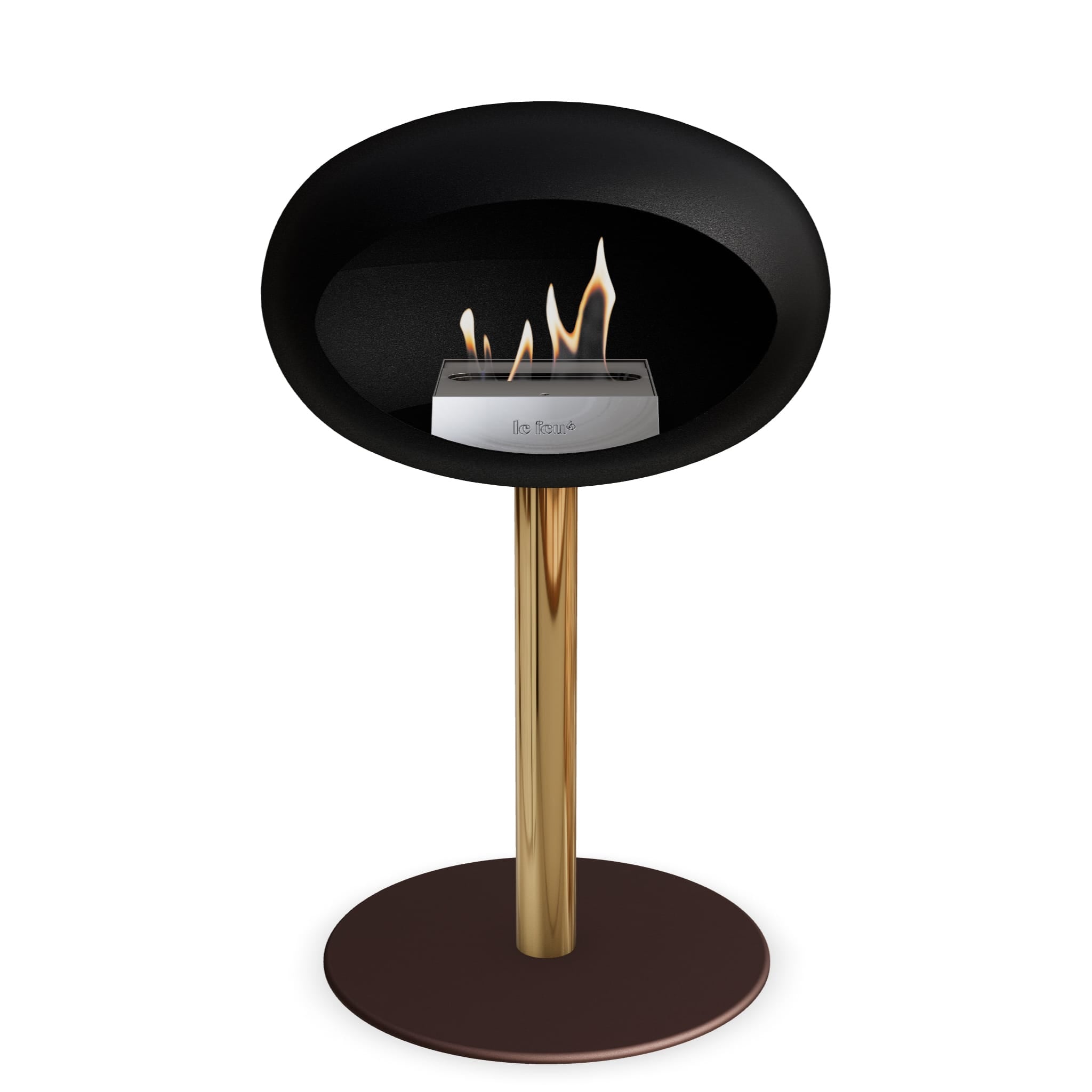 Brasero bioéthanol sur pied : tête noire, poteau rose doré, base marron, flamme