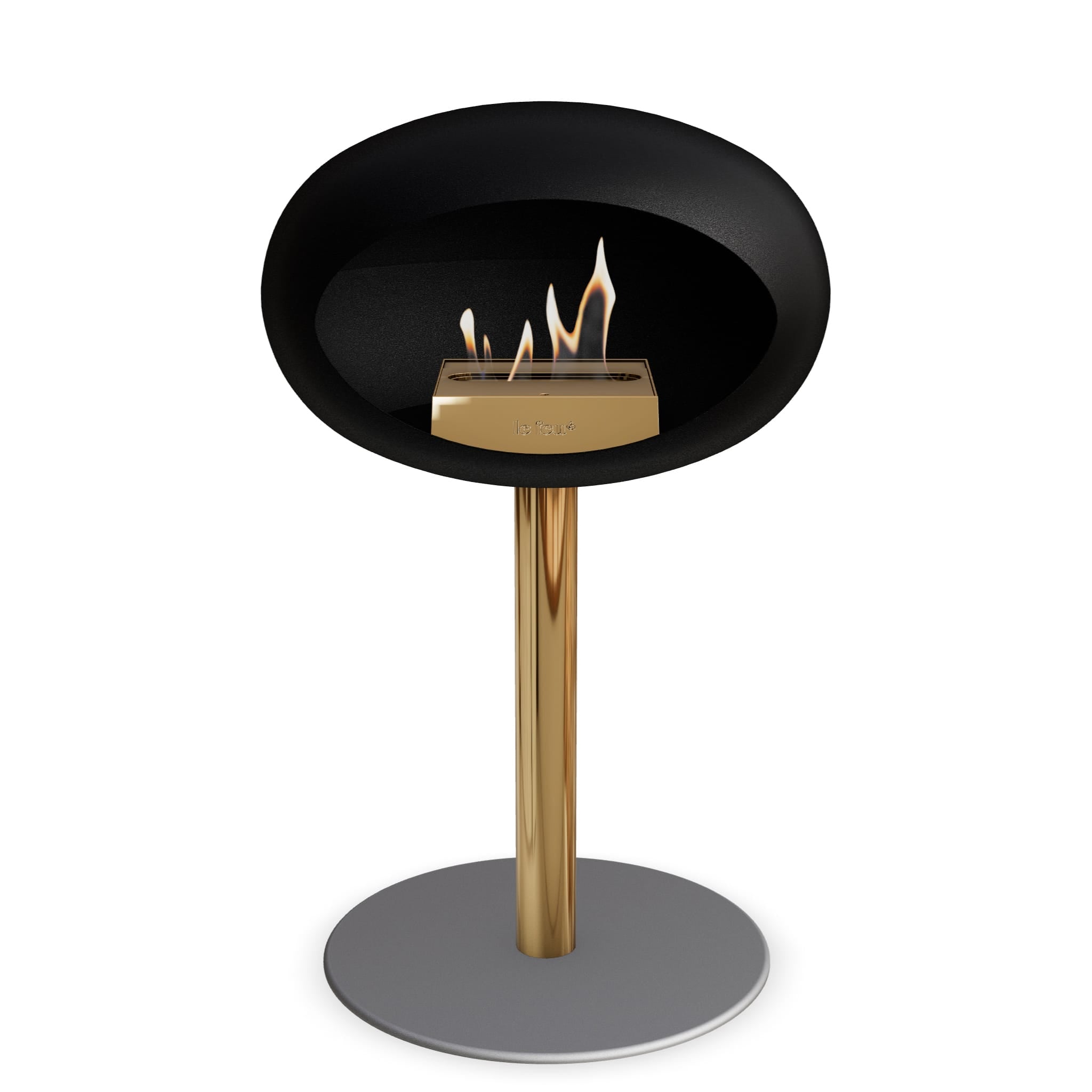 Brasero bioéthanol sur pied : tête noire, poteau rose doré, base ronde grise, flamme