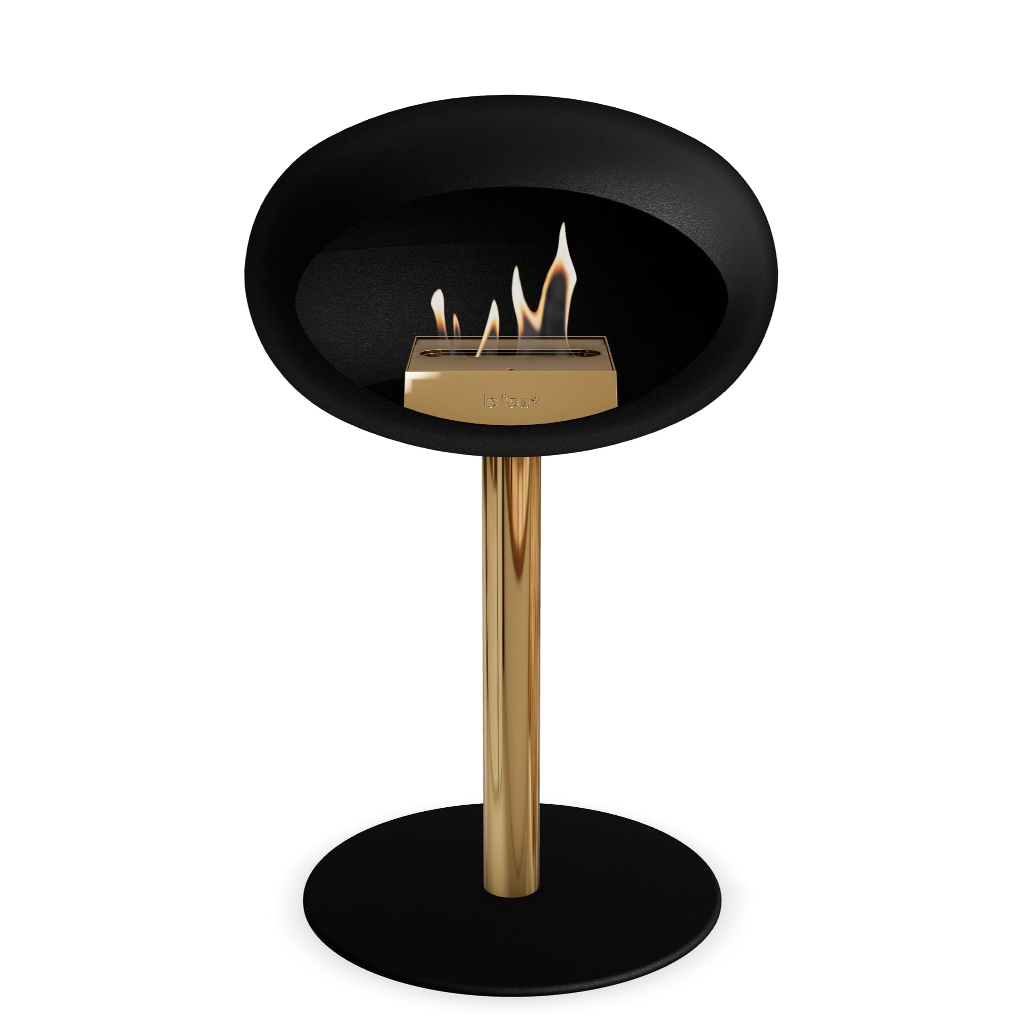 Foyer au bioéthanol à cuvette noire, flamme visible, pied doré et base ronde noire