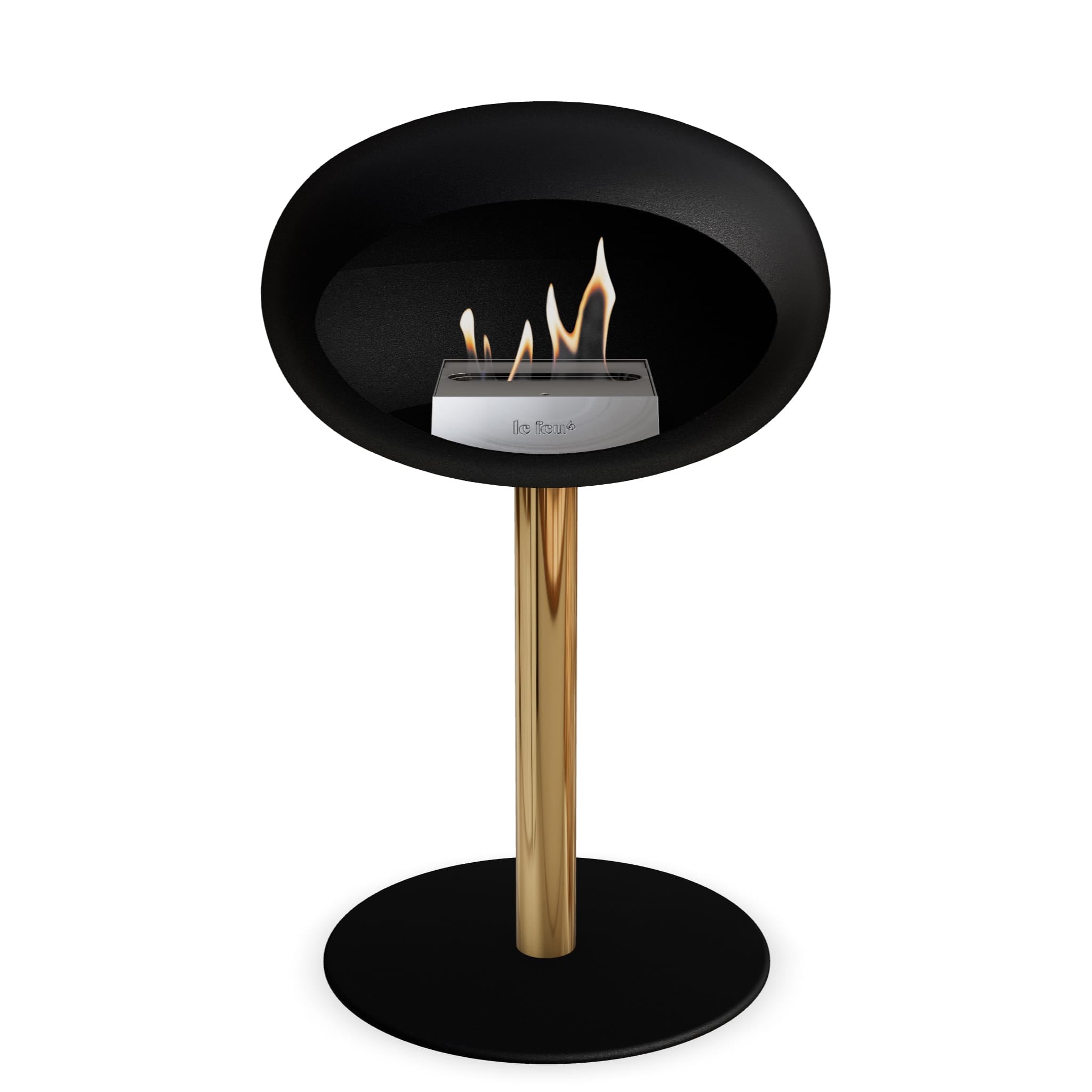 Brasero bioéthanol sur pied : tête noire, poteau rose doré, base noire, flamme
