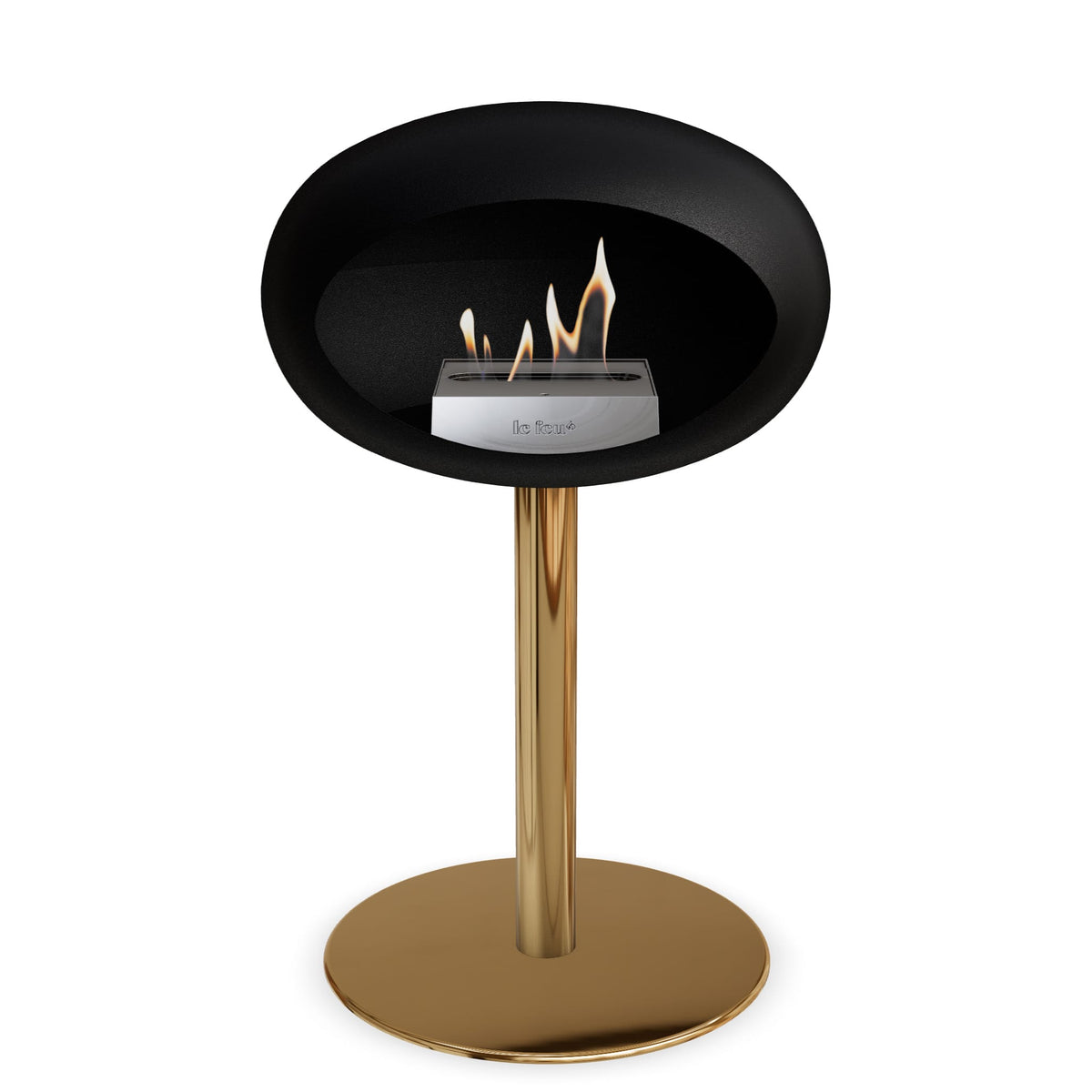Foyer au bioéthanol noir : base ronde rose doré, brûleur avec flamme visible