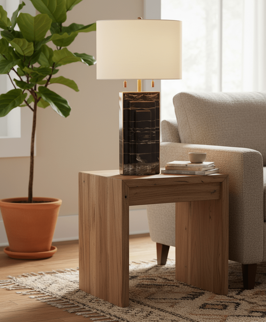 Lampe de table en marbre naturel Grayson avec abat-jour gris sur table d'appoint en bois 
