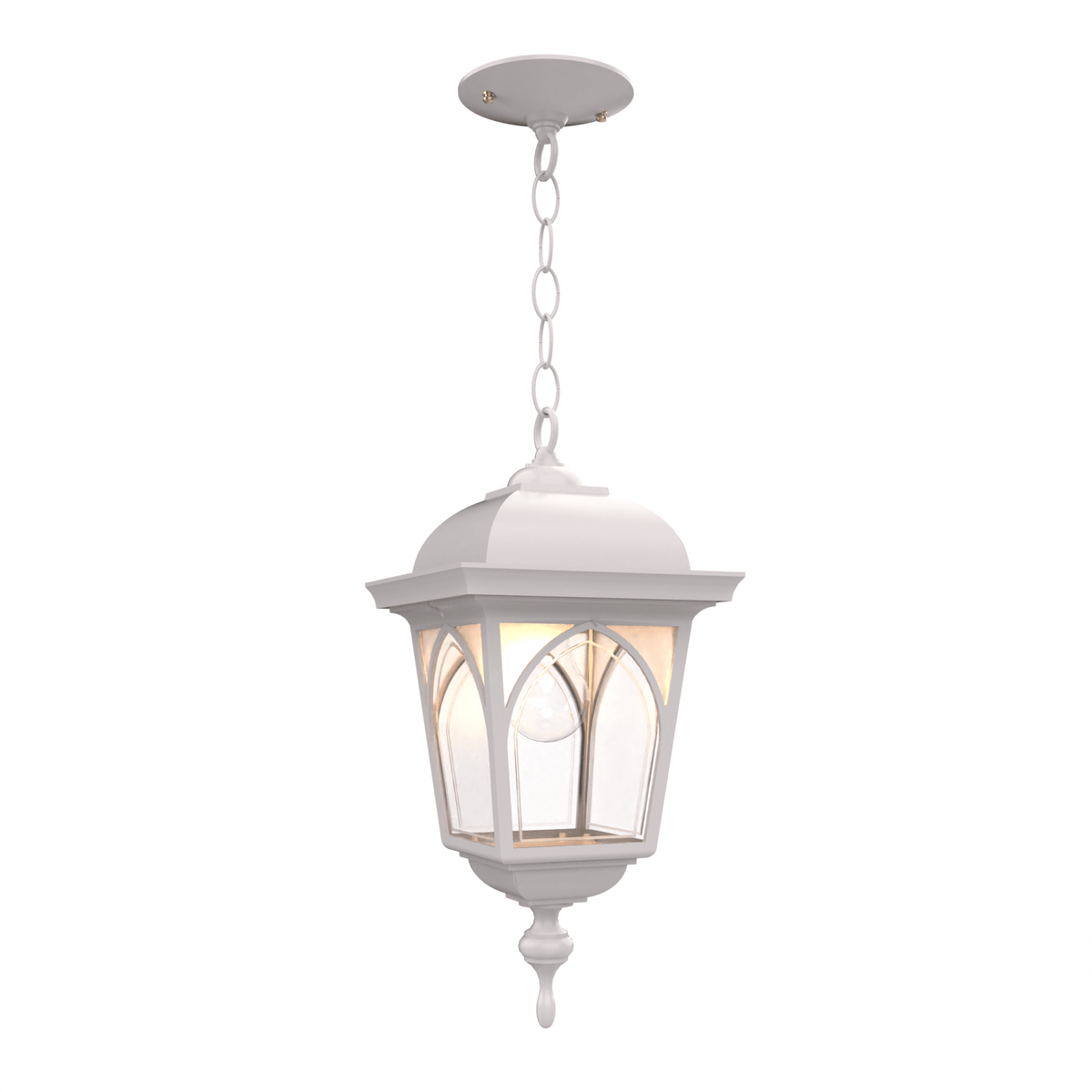 Luminaire suspendu extérieur blanc en lanterne, verre clair, chaîne et capuchon rond.