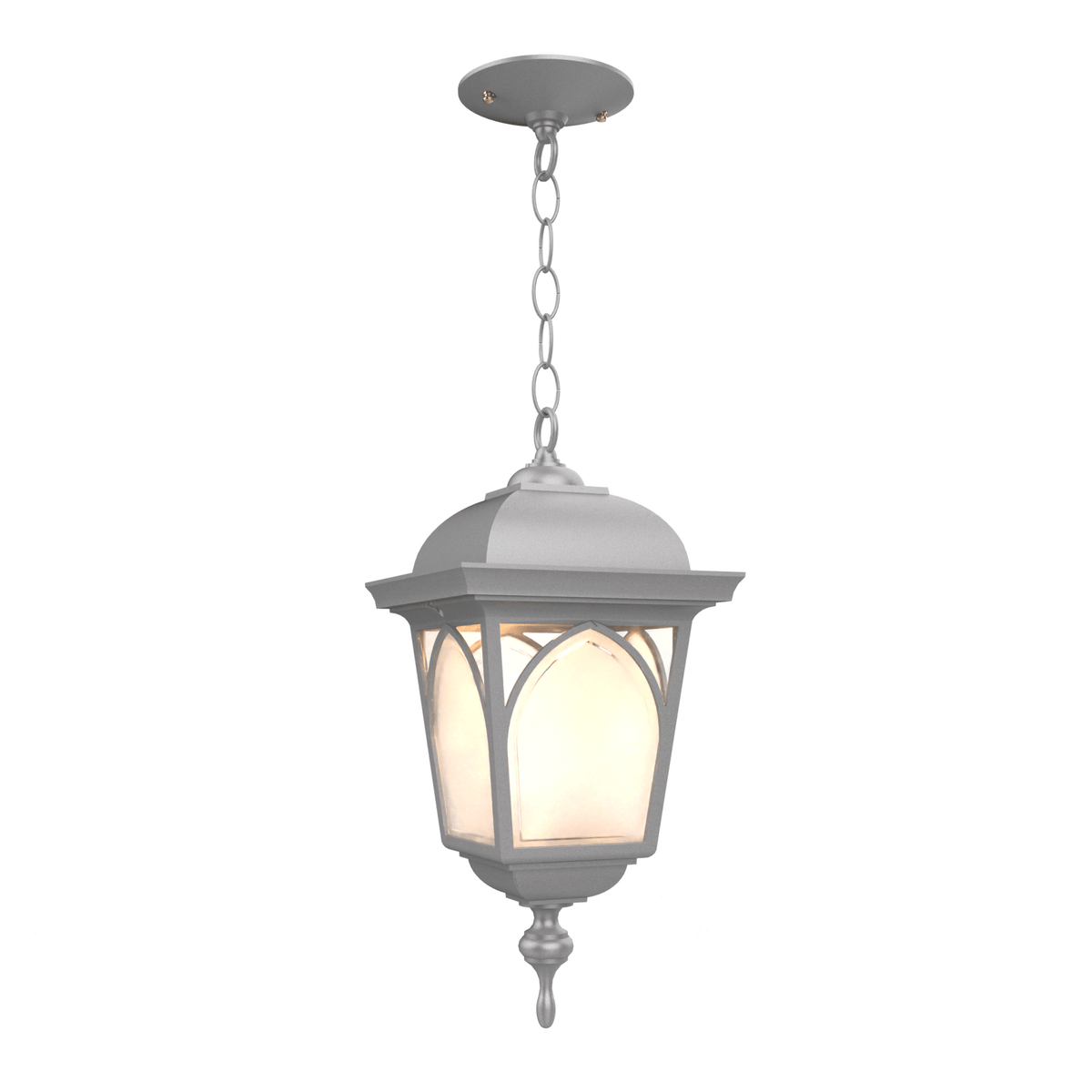 Luminaire suspendu extérieur, lanterne fermée en métal gris, panneaux de verre illuminés