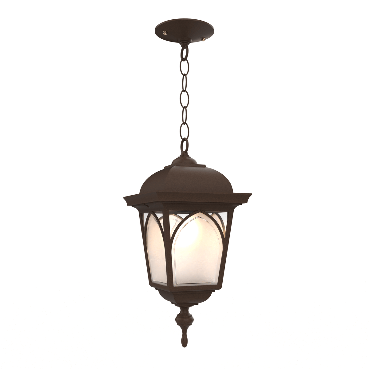 Luminaire suspendu extérieur brun foncé en lanterne, verre éclairé, ampoule allumée, chaîne.
