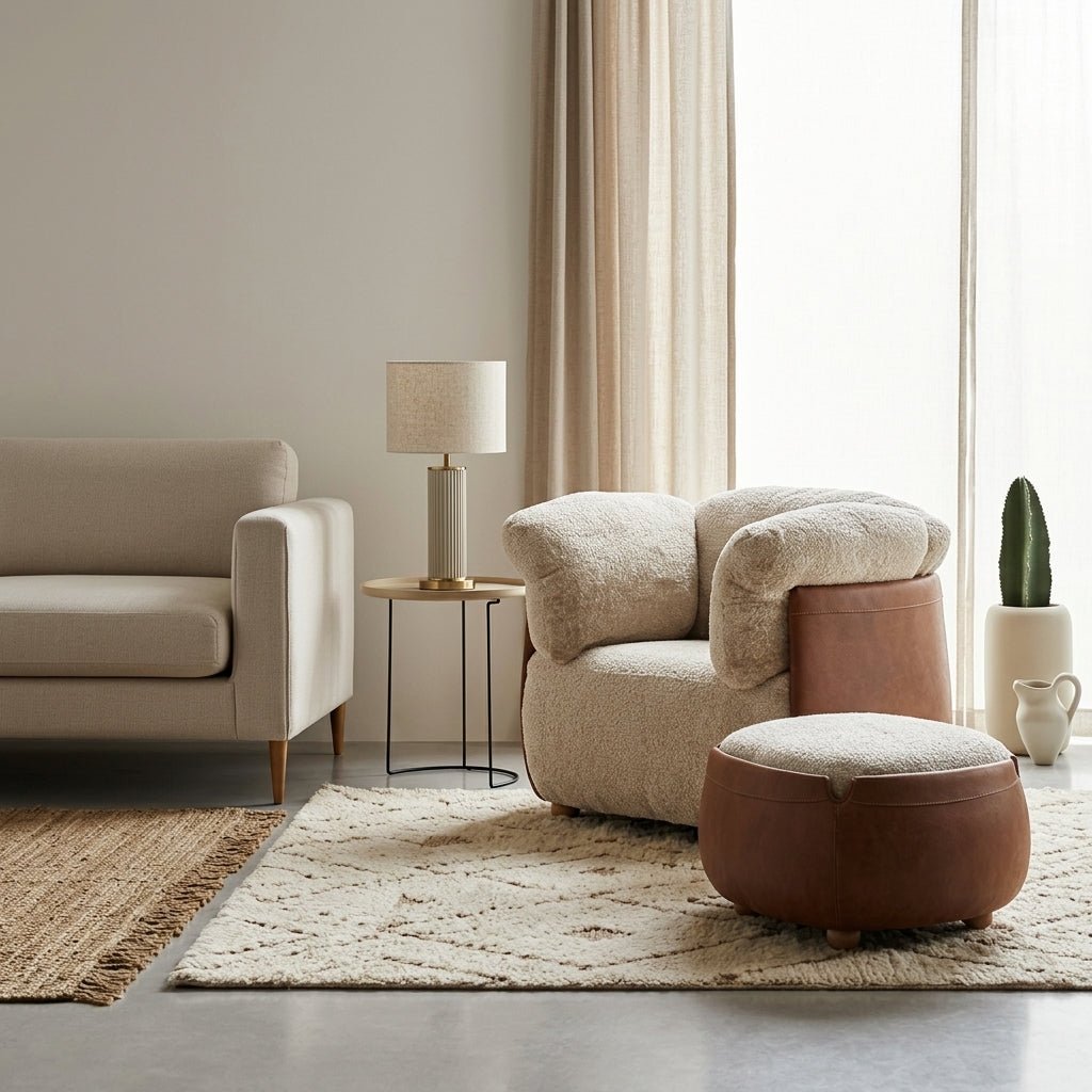 Ensemble fauteuil et repose-pieds | Bois massif | Cuir et tissu | Havana