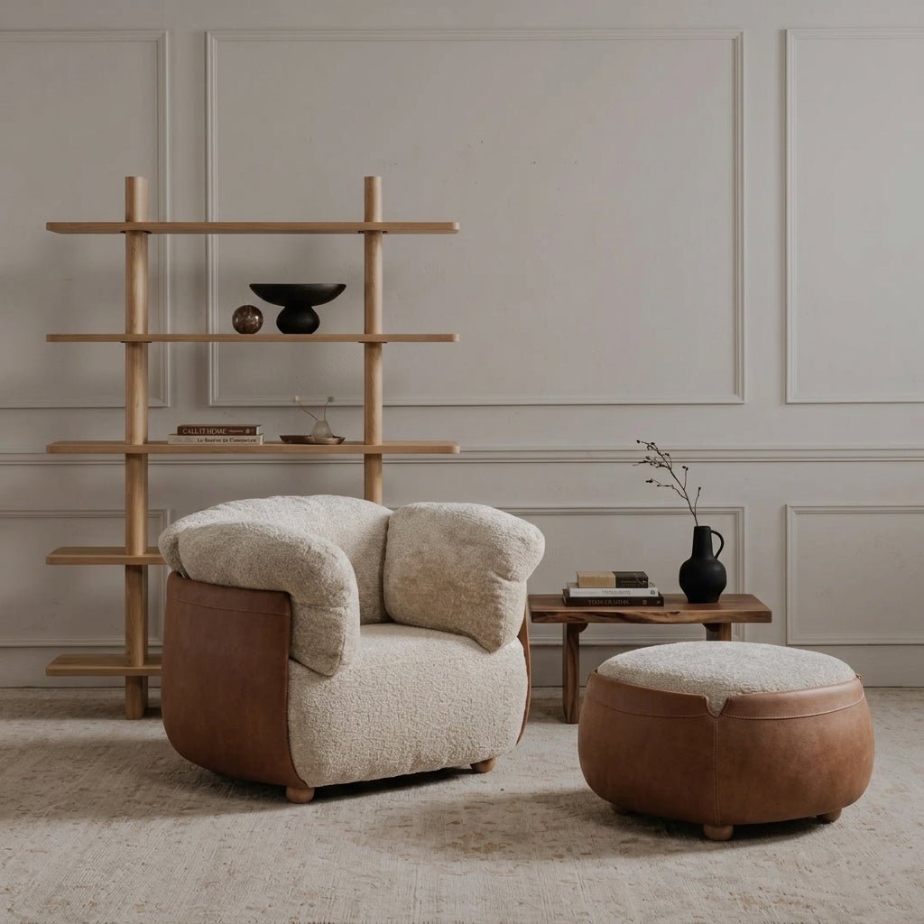 Ensemble fauteuil et repose-pieds | Bois massif | Cuir et tissu | Havana